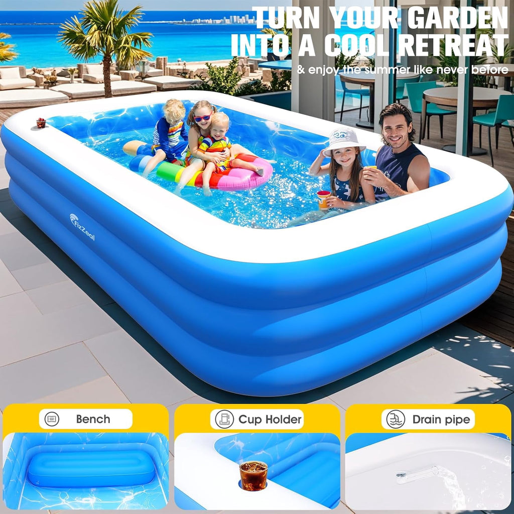 Inflatable Pool with Seat and Pool Lights, Durable Thickened Large Size Family Inflatable Pools for Adults Blow Up Pools,110 x 63 x 20Swimming Inflatable Kids PooI for Backyard,Outdoor (White)