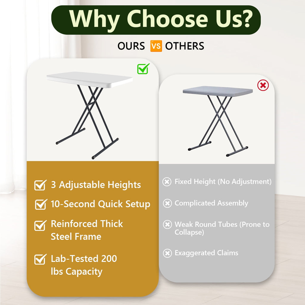 WASUHE 30 Small Folding Table, Height Adjustment Tv Tray Table, Practical Portable Tv Dinner Table for Eating, Sofa, Indoor/Outdoor, White