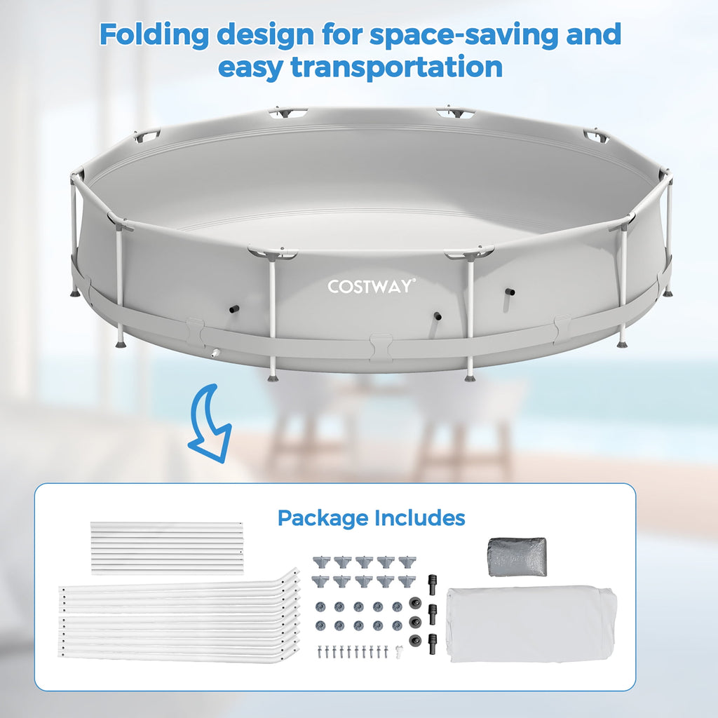 Costway Round Above Ground Swimming Pool Patio Frame Pool W/ Pool Cover Iron Frame Blue