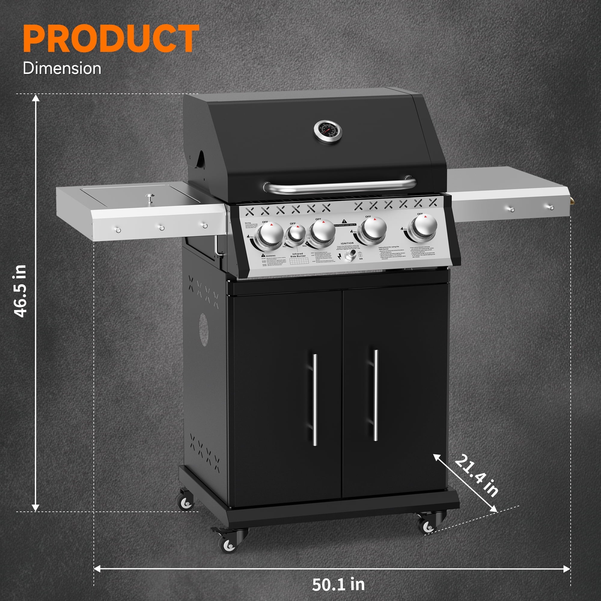 SKOK 4 Burner Gas Grill with Side Burner, 58000 BTU &393 sq.in Cooking Surface, Outdoor Propane Barbecue Grill for Patio & Backyard