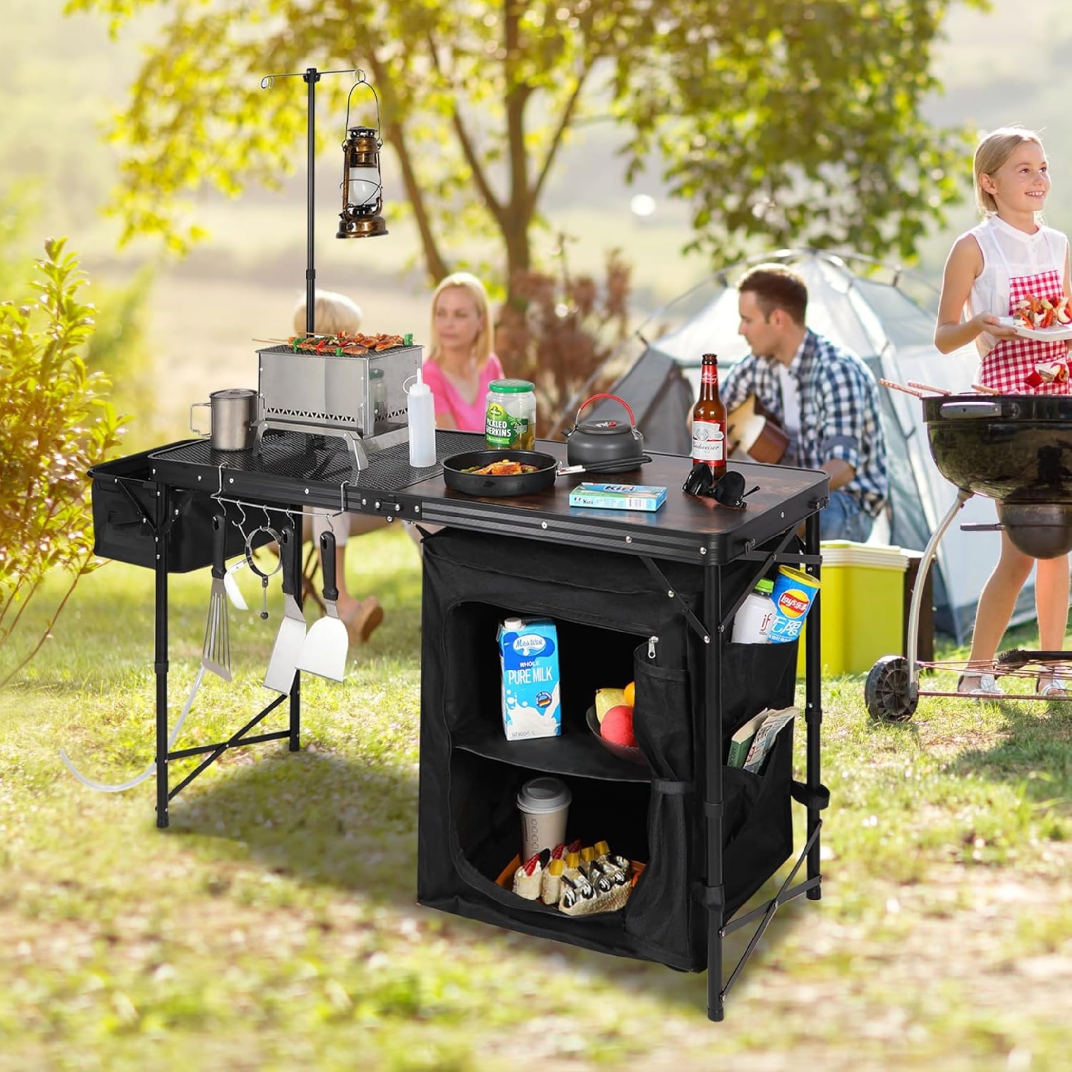REDCAMP Extra Long Camping Kitchen Tri-Fold Table with Storage Organizer, Folding Camping Cook Station Grill Table Portable for Party Courtyard Picnic