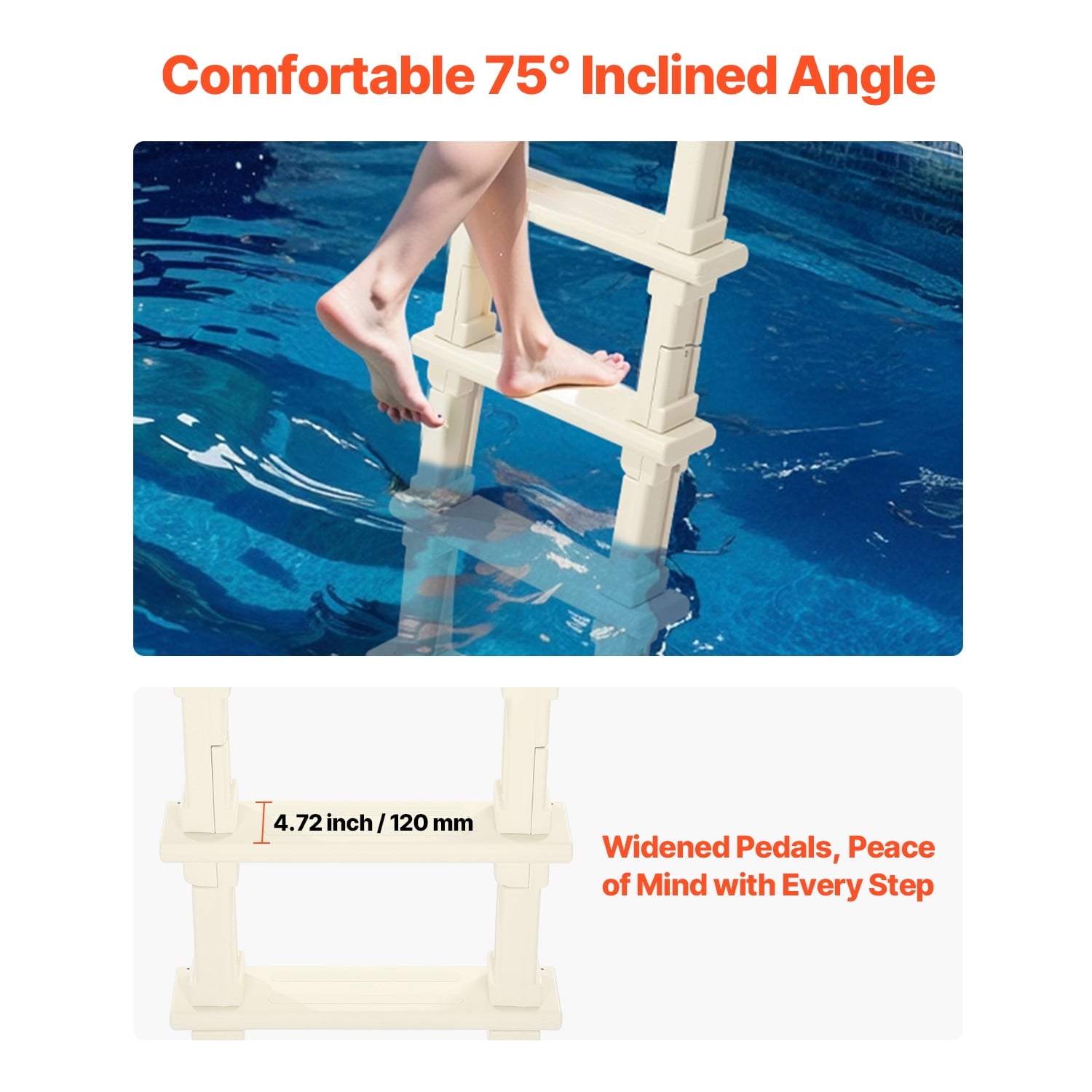 KFFKFF Pool Access Ladder, Angled at 75°, Dual Handrails with 5 Steps, Anti-slip and Robust, Supports up to 300 lbs, Suitable for 48-54 Inch Inground and Above-ground Pools