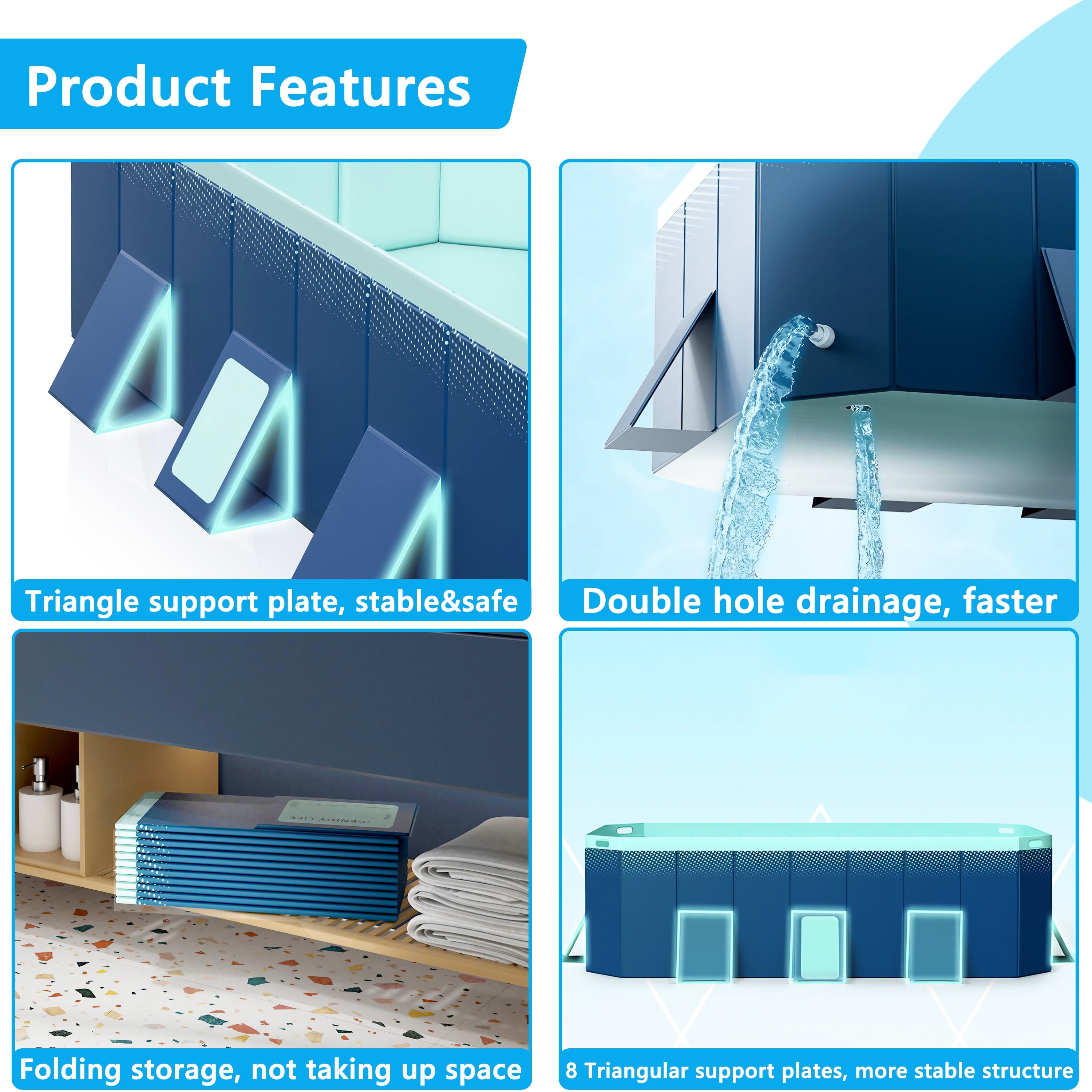 Hyindoor Outdoor Foldable Non-Inflatable Adults and Kids Swimming Pool Hard Plastic Anti-Slip for Lawn Garden Backyard（116 x 65 x 21）