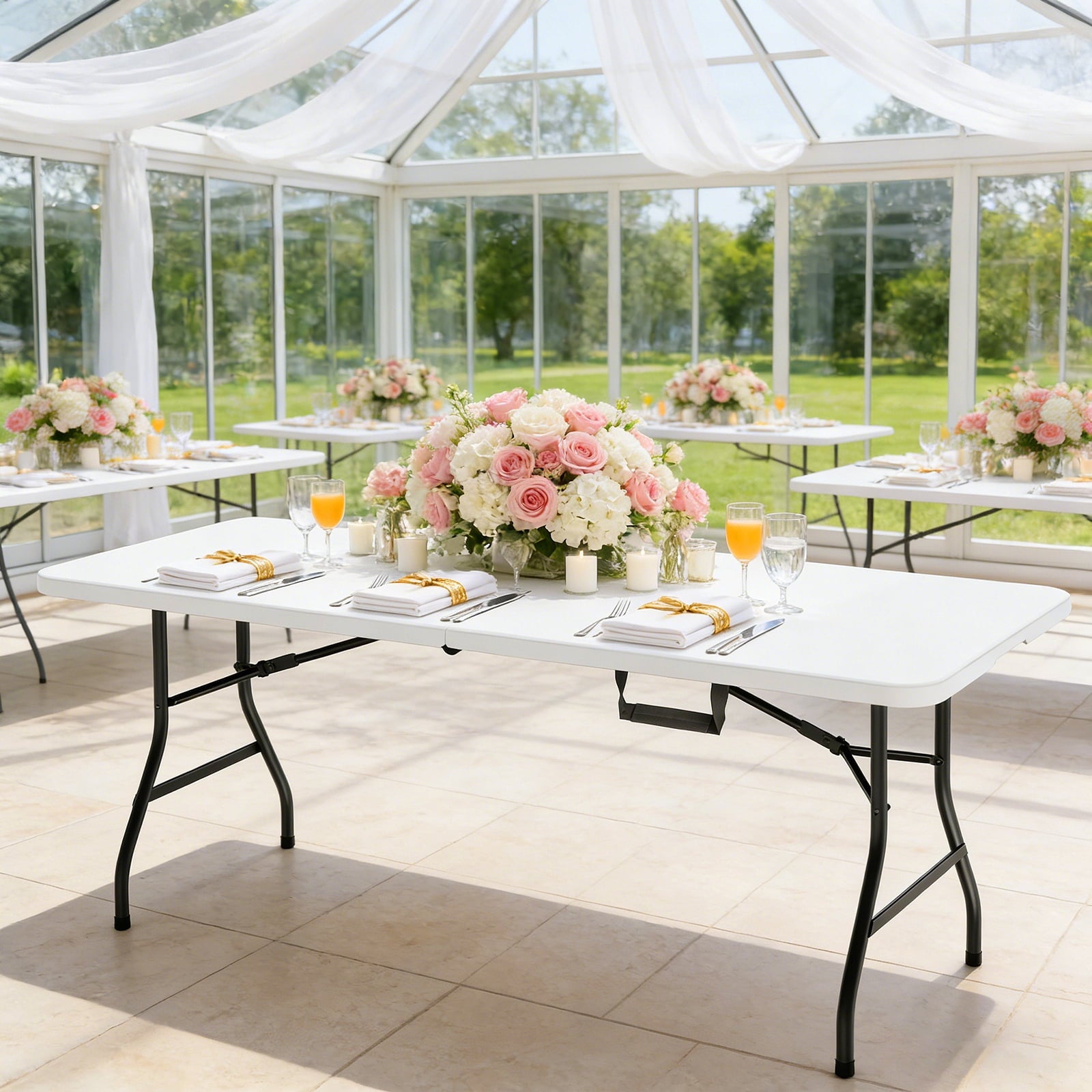 WASUHE Folding Table 4 FT Lightweight Table, Fold-in-Half Plastic Rectangular Table Metal Legs, Easy to Store, Perfect for Party, Dining, Wedding, Events, White