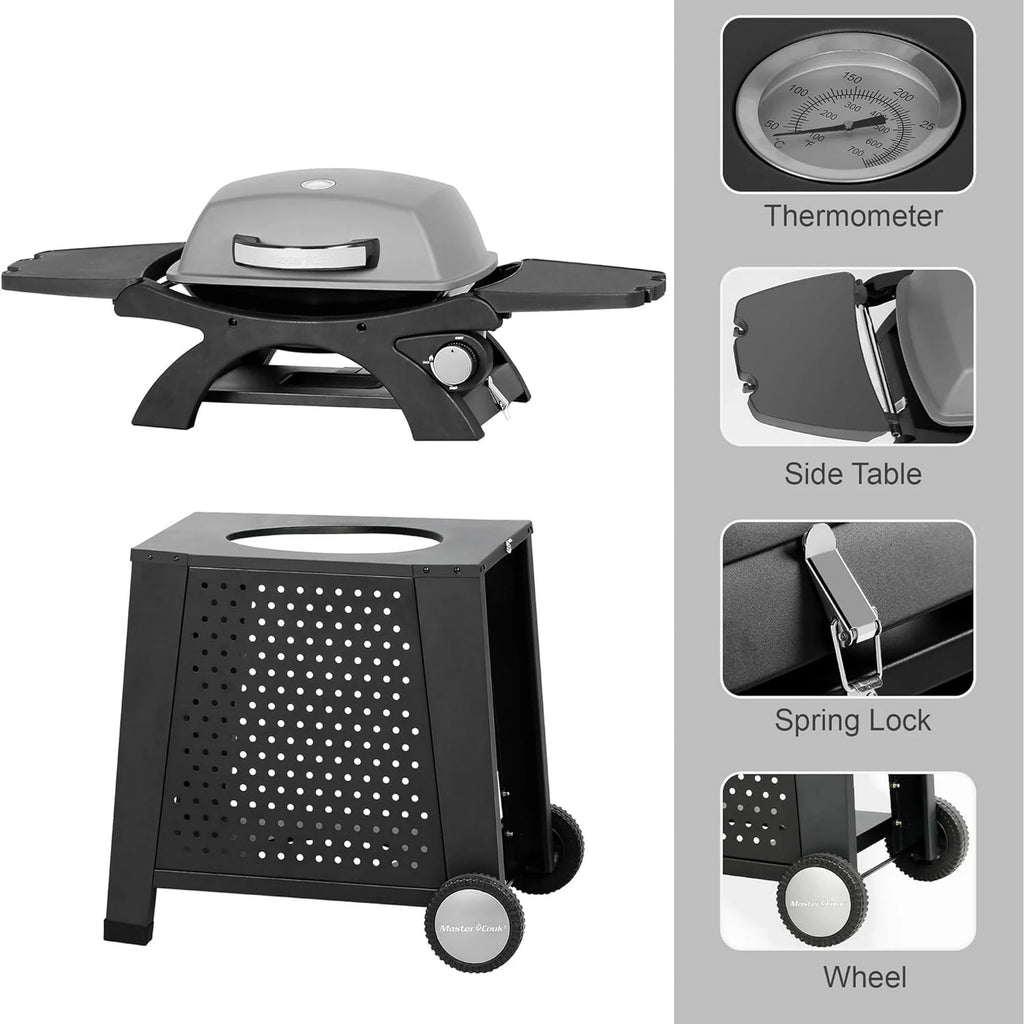 MASTER COOK Propane Gas Grill, Portable Tabletop Barbecue Grill with Cart for Patio, Camping, Travel