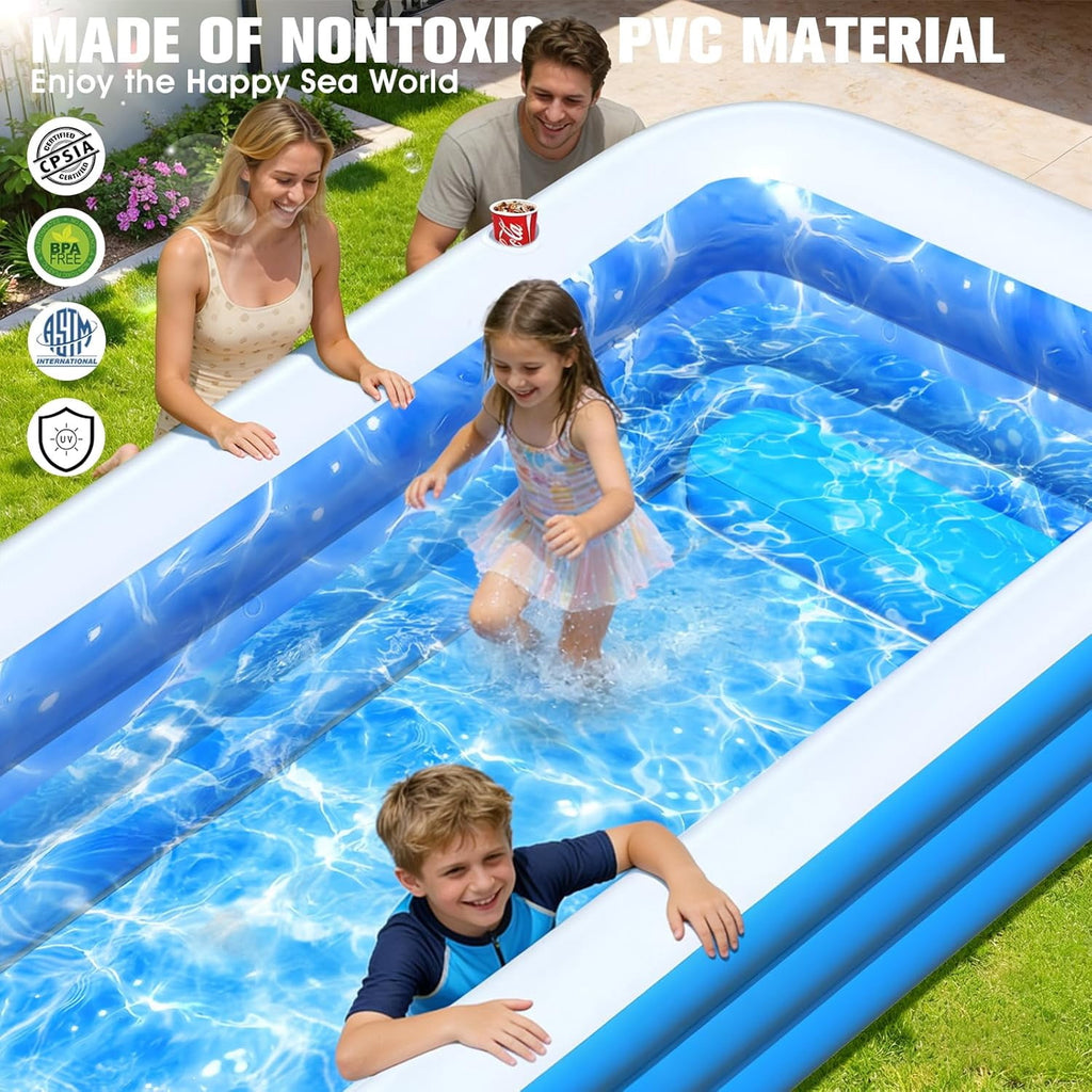 Inflatable Pool with Seat and Pool Lights, Durable Thickened Large Size Family Inflatable Pools for Adults Blow Up Pools,110 x 63 x 20Swimming Inflatable Kids PooI for Backyard,Outdoor (White)