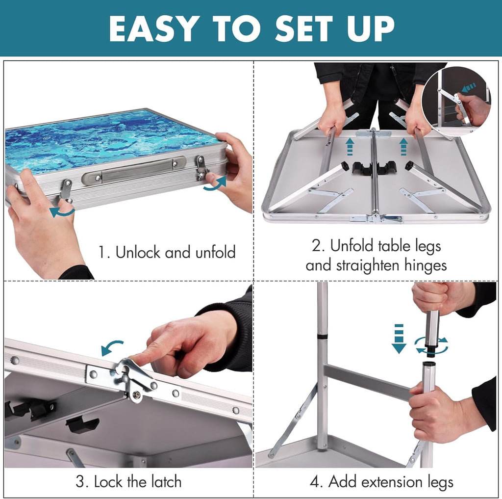 VILLEY Folding Camping Table 2FT, Adjustable Height Portable Aluminum Picnic Table with Carry Handle for Outdoor, BBQ, Beach