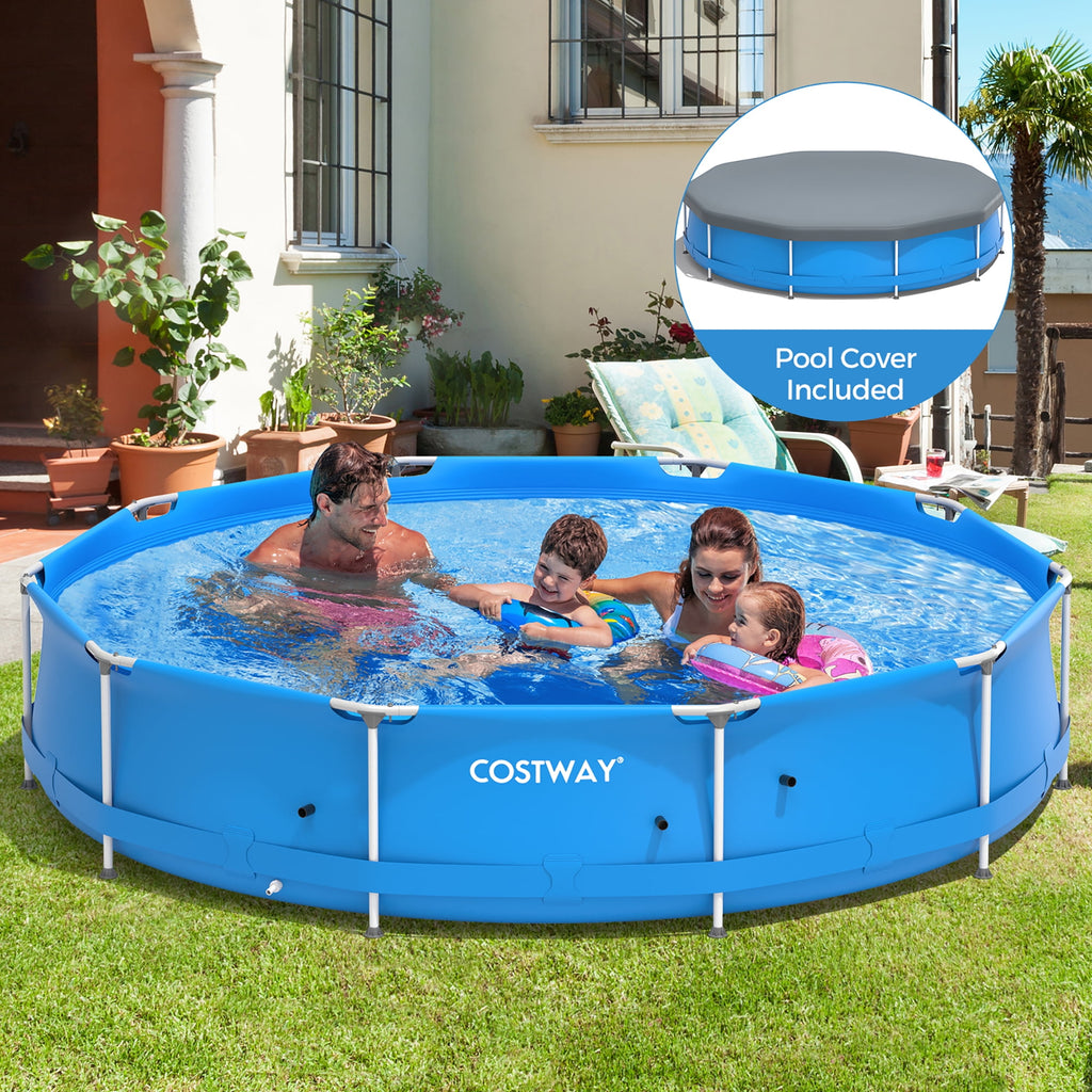 Costway Round Above Ground Swimming Pool Patio Frame Pool W/ Pool Cover Iron Frame Blue