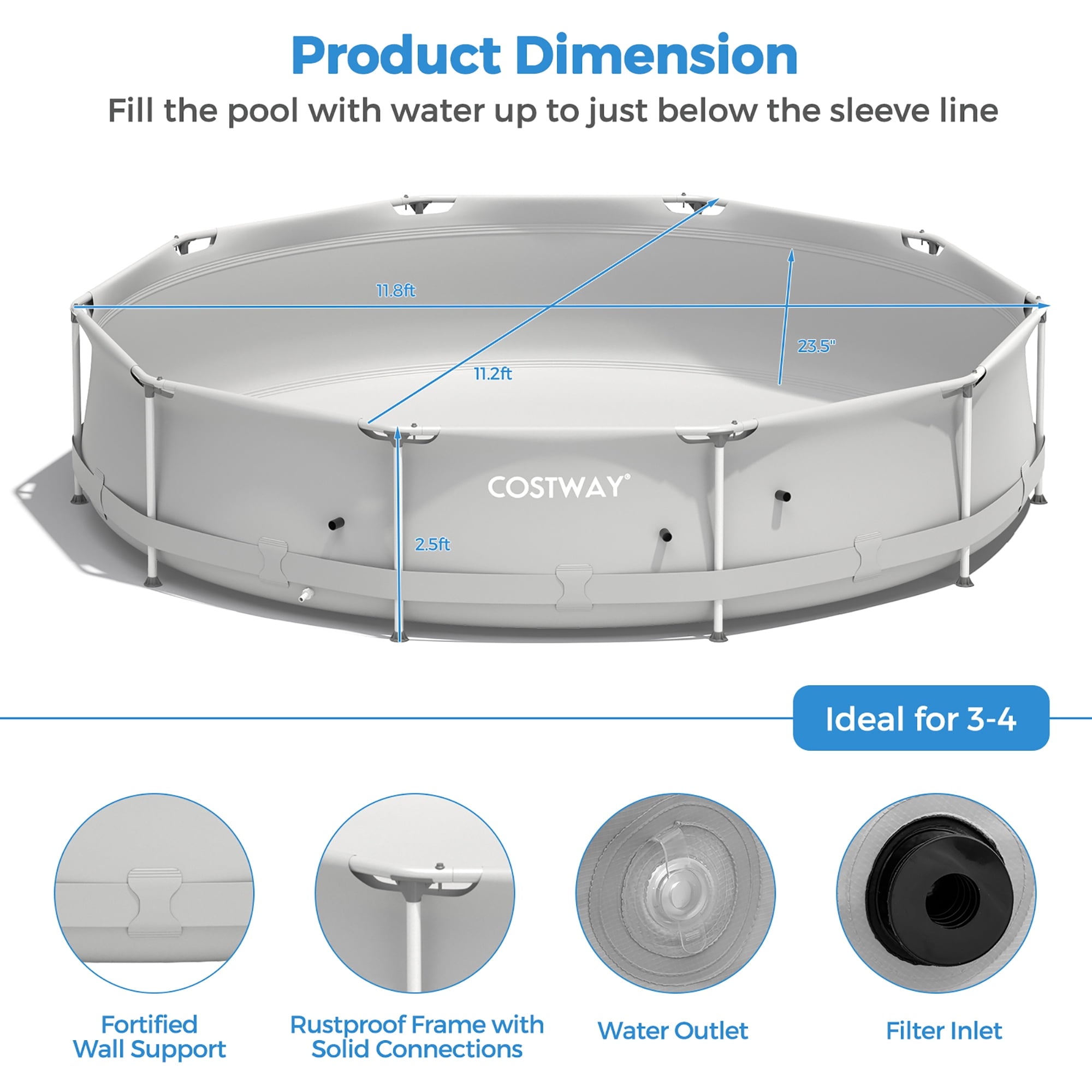 Costway Round Above Ground Swimming Pool Patio Frame Pool W/ Pool Cover Iron Frame Blue