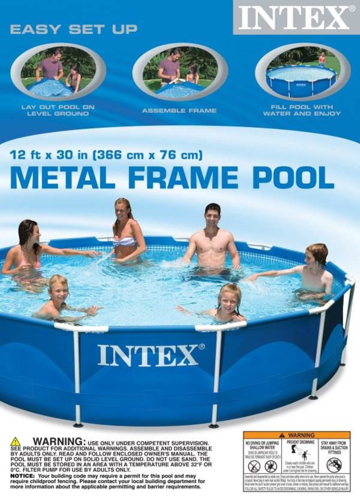 Intex 12 Ft x 30 Inches Metal Frame Set Above Ground Swimming Pool with Filter & Cover