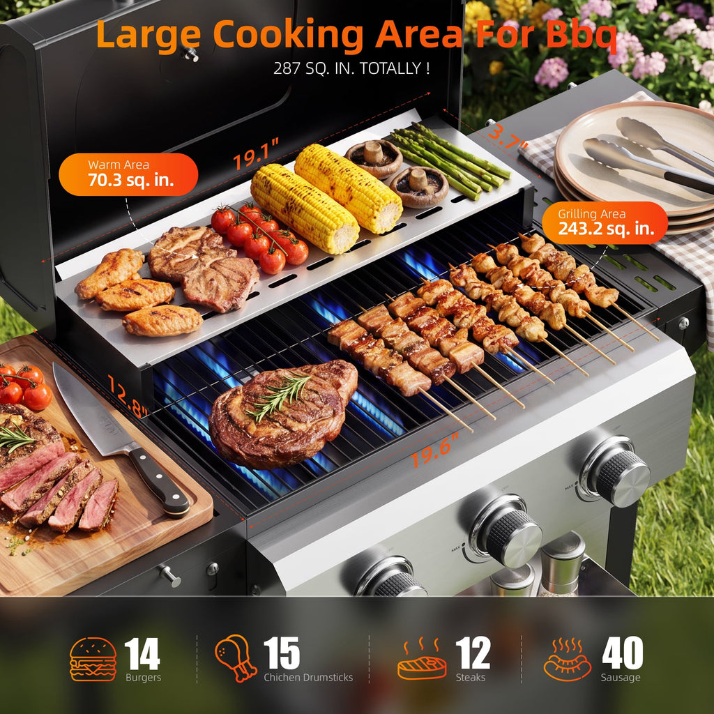 Biotree 4 Burner BBQ Propane Gas Grill, Stainless Steel 38,000 BTU Patio Garden Barbecue Grill with Two Foldable Shelves