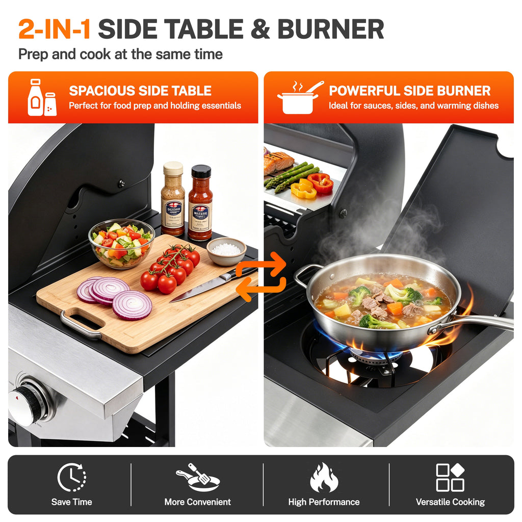 Segmart 3 Burner Propane Gas Grill with Side Burner, 37,000 BTU Outdoor Cooking BBQ Grill with Porcelain-Enameled Cast Iron Grates, Equipped with Temperature, Tool Hooks, and Bottle Opener