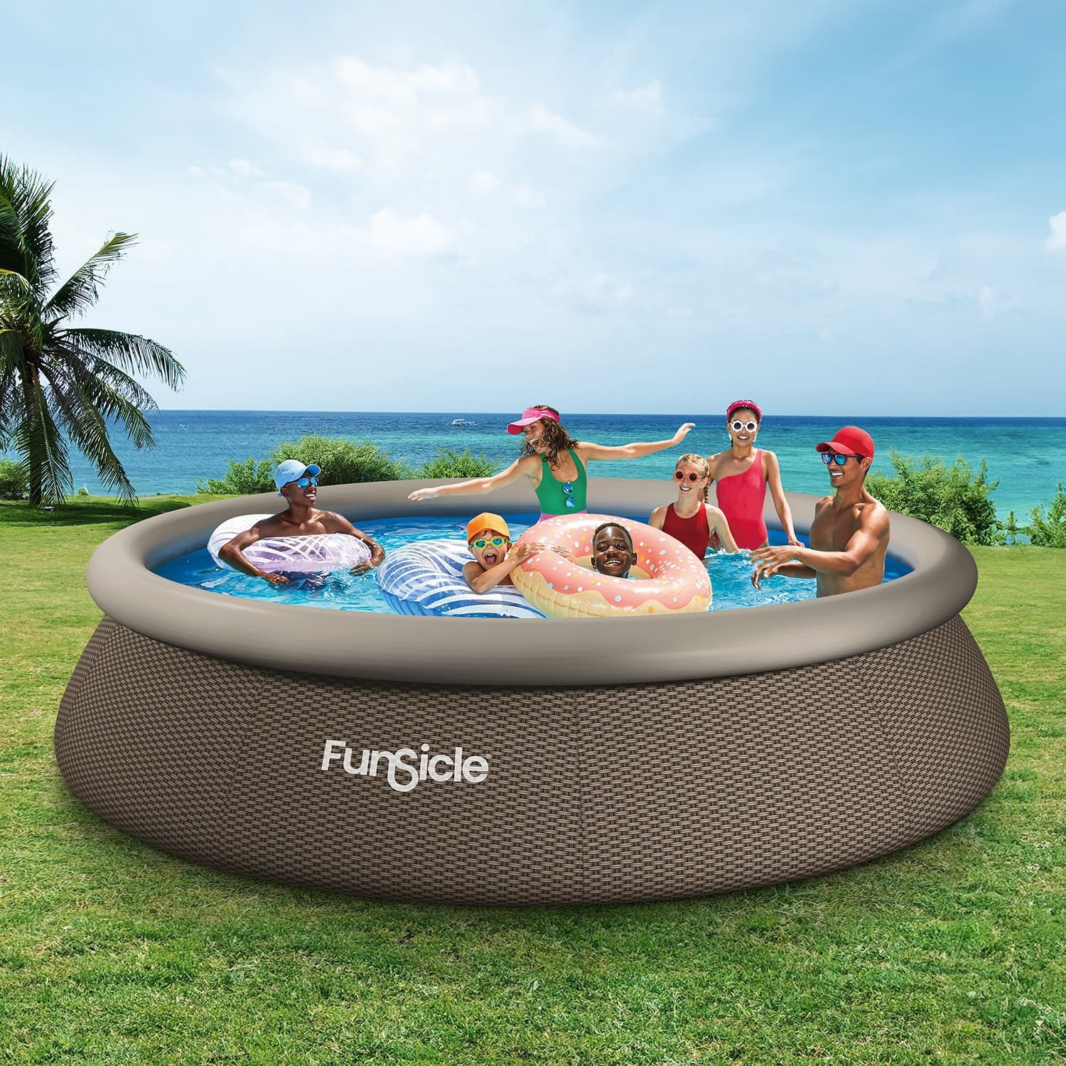 Funsicle QuickSet Designer Above Ground Swimming Pool Set – with FB800 Filter Pump, 14' x 36, Inflatable Top Ring, Round, Double Rattan