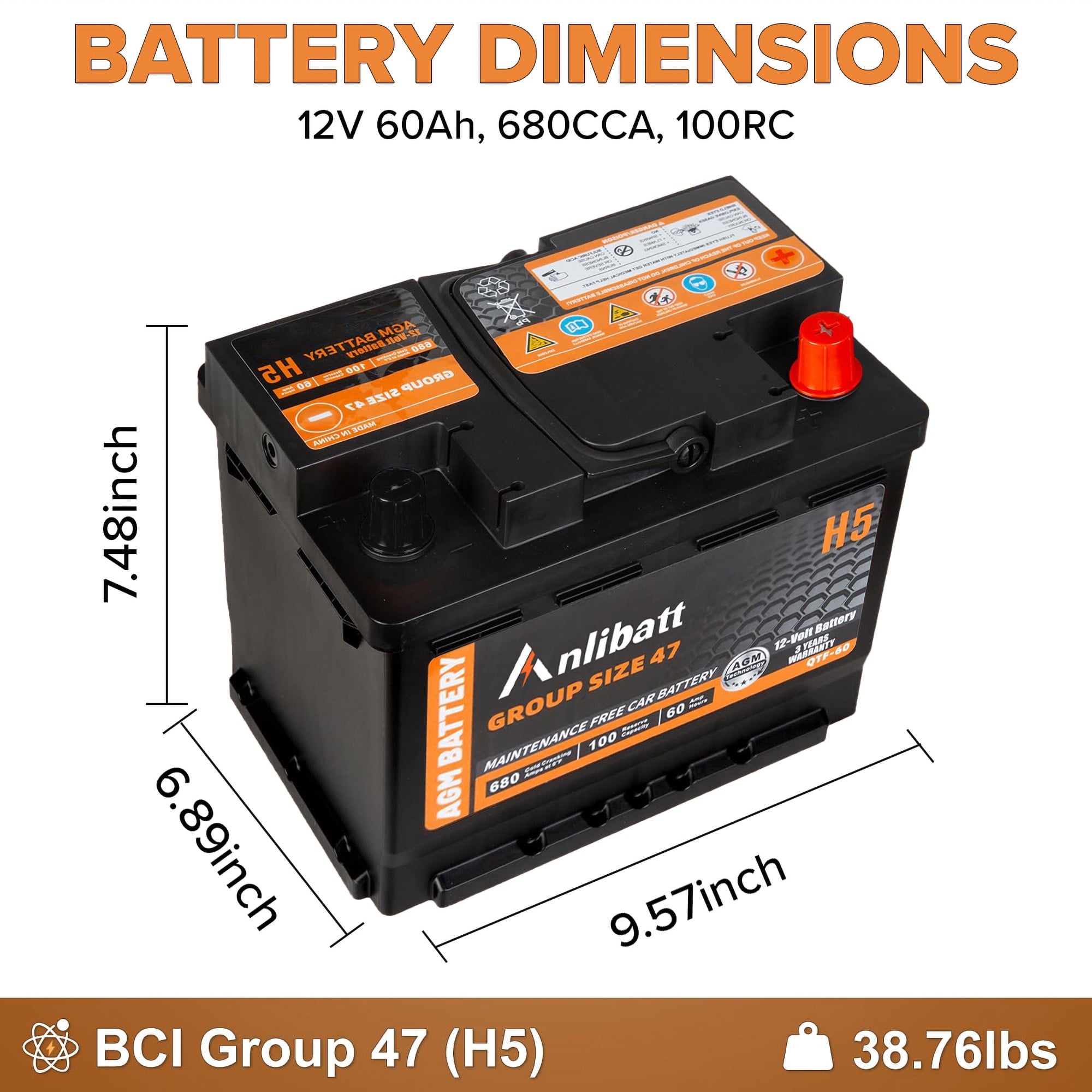 Anlibatt BCI Group 48 Battery, AGM 12 Volt Rechargeable Automotive Batteries for Car, H6 760CCA 70Ah 120RC, Maintenance Free