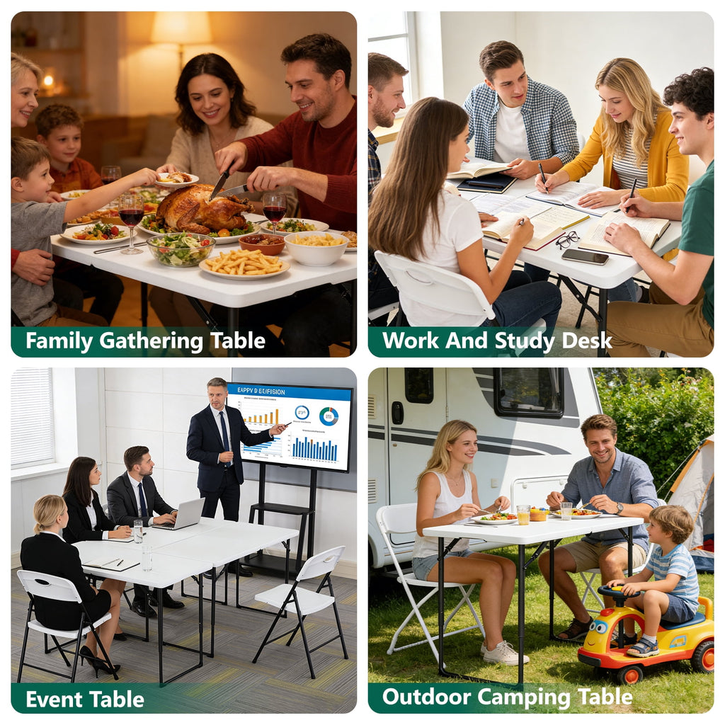 WASUHE Folding Table 4 FT Lightweight Table, Fold-in-Half Plastic Rectangular Table Metal Legs, Easy to Store, Perfect for Party, Dining, Wedding, Events, White