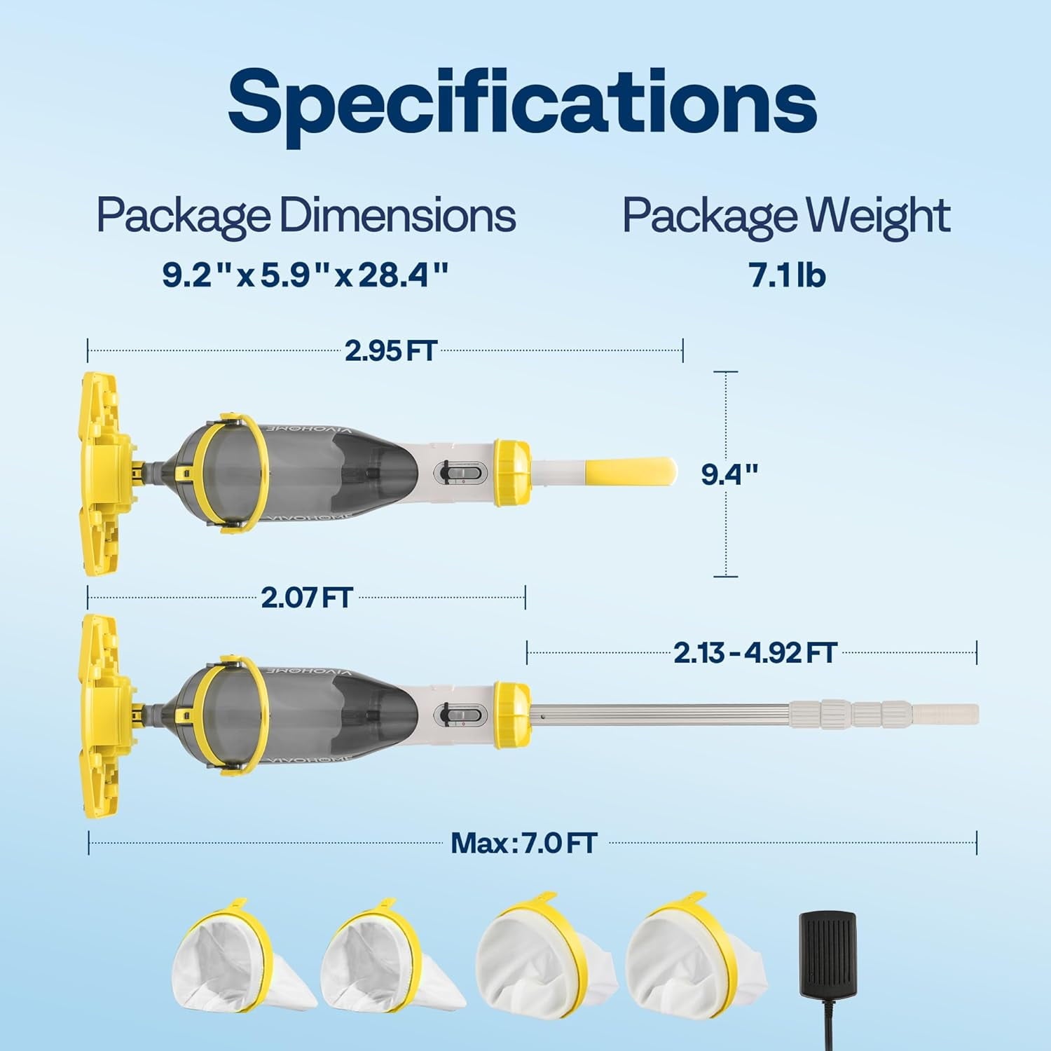 SPECSTAR Cordless Pool Vacuum with Telescopic Pole, Powerful Suction up to 18.5 GPM, 60 Mins Running Time, Handheld Rechargeable Swimming Pool Cleaner for Pools/Spas/Hot Tubs, Yellow