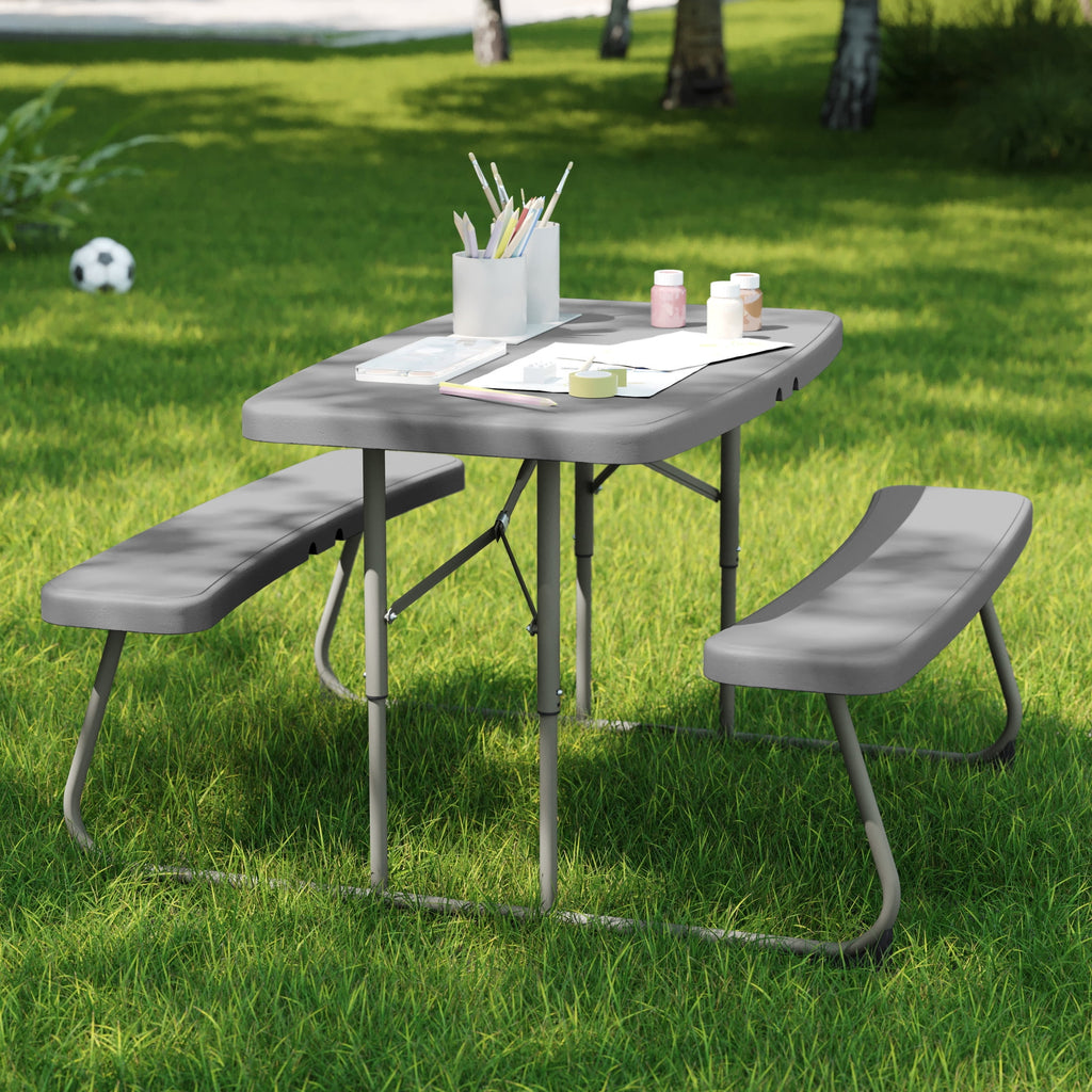 BizChair Easy-Fold Gray Folding Plastic Kids Outdoor Picnic Table and Benches - Commercial Grade - Seating for 4 Kids