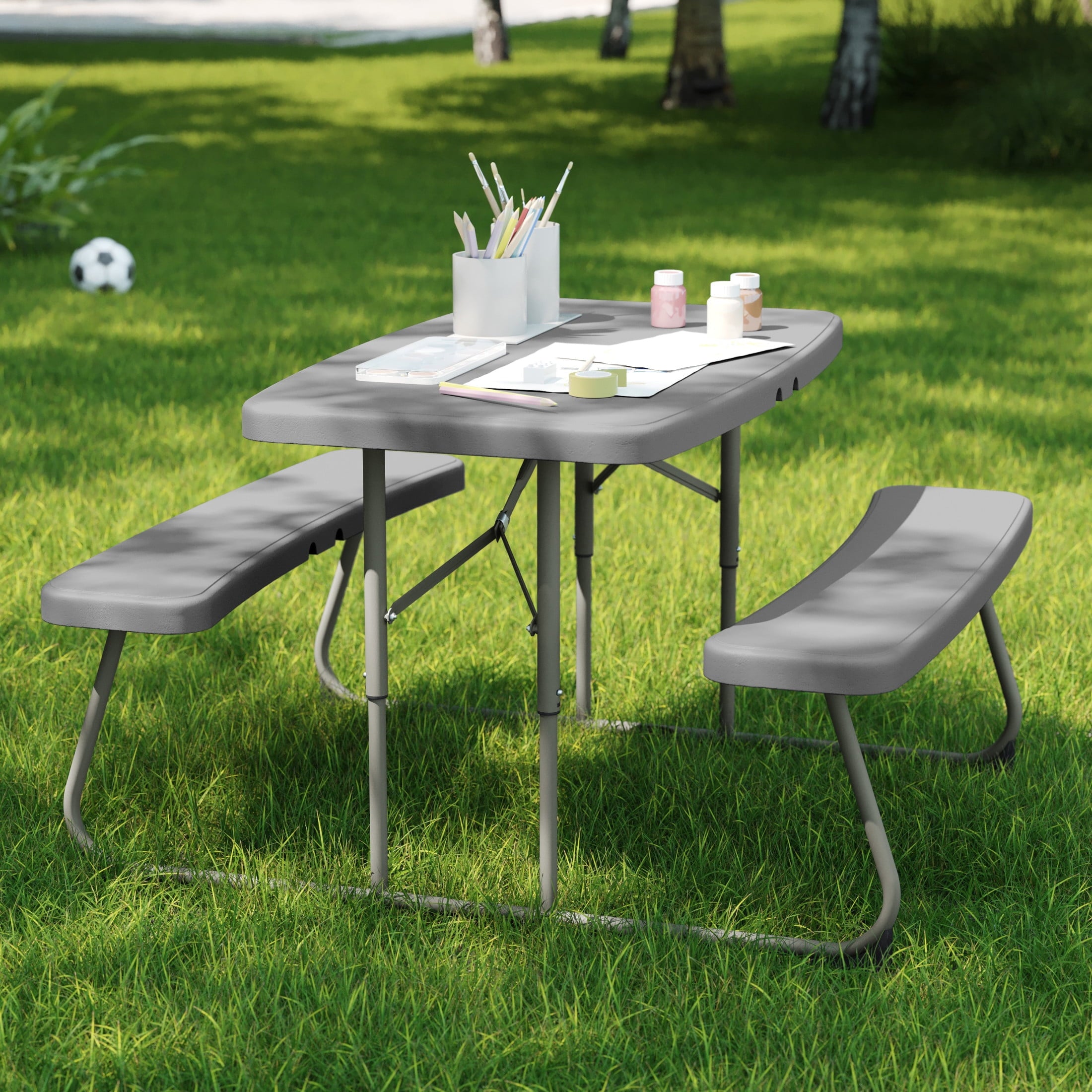 BizChair Easy-Fold Gray Folding Plastic Kids Outdoor Picnic Table and Benches - Commercial Grade - Seating for 4 Kids