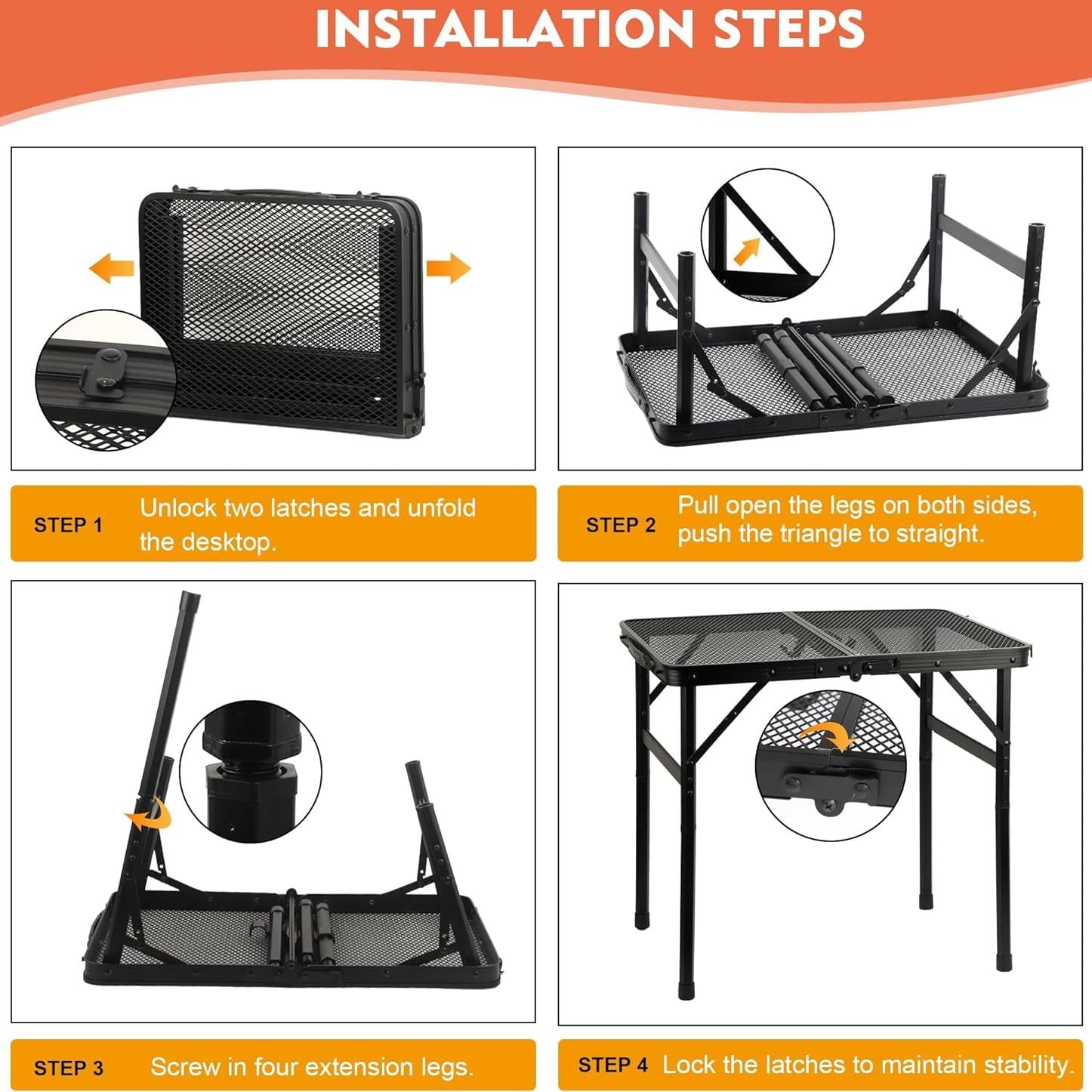 3FT Camping Folding Table with Adjustable Height(16.5/26), Black Metal Mesh Table with Carry Handle, Lightweight Portable Folding Grill Table for Camping Tailgating BBQ Picnic Indoor, up to 66 lbs