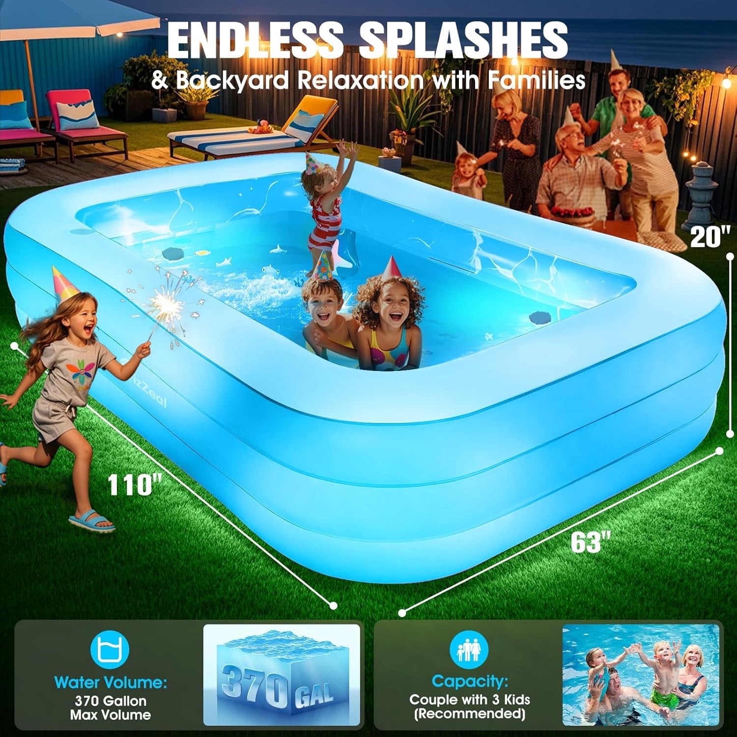 Inflatable Pool with Seat and Pool Lights, Durable Thickened Large Size Family Inflatable Pools for Adults Blow Up Pools,110 x 63 x 20Swimming Inflatable Kids PooI for Backyard,Outdoor (White)
