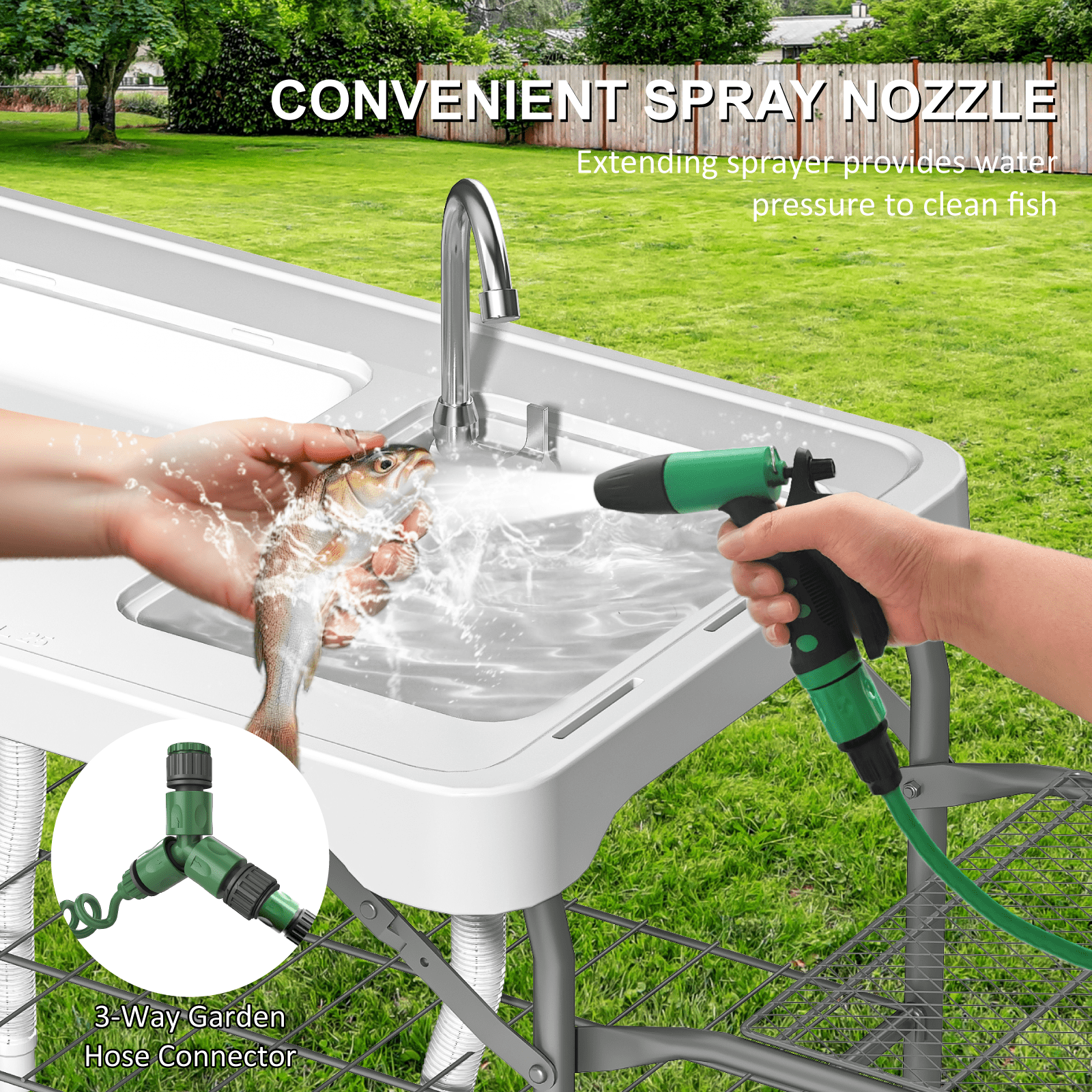 EVOKEDEN 42.5 Fish Cleaning Table w/ Sink, Folding Camping Table & Fish Cleaning Station w/ Measure Mark