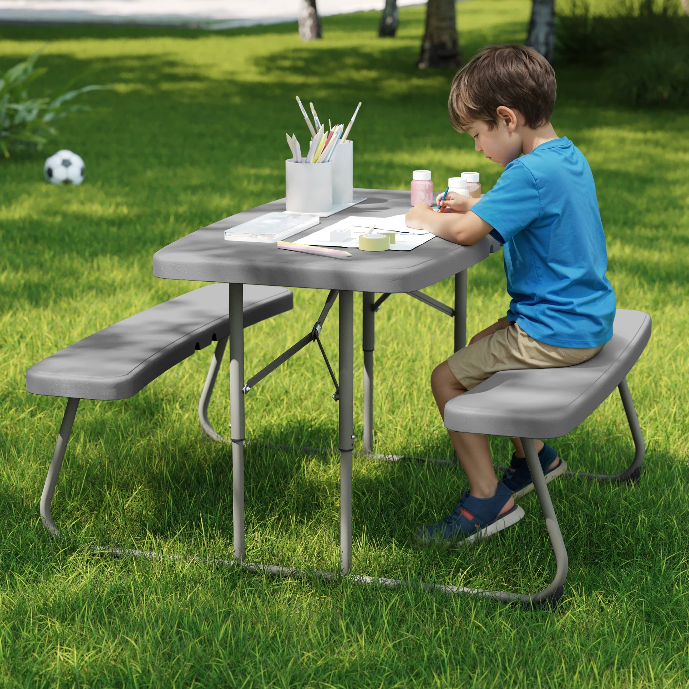 BizChair Easy-Fold Gray Folding Plastic Kids Outdoor Picnic Table and Benches - Commercial Grade - Seating for 4 Kids