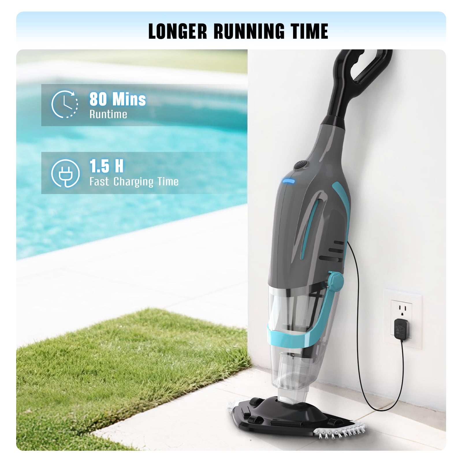 SEYVUM Cordless Handheld Pool Vacuum with Telescopic Pole, 80 Min Runtime Rechargeable Pool Cleaner, 18.5 Gal/Min Suction, Dual-Filter System for Above Ground Pools, Spas and Hot Tubs