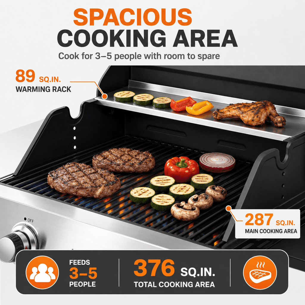 3-Burner Gas Grill with Side Burner, 40,500 BTU Propane BBQ Grill with Porcelain-Enameled Cast Iron Grates, Built-in Thermometer, Ideal for Patio Camping Outdoor Cooking
