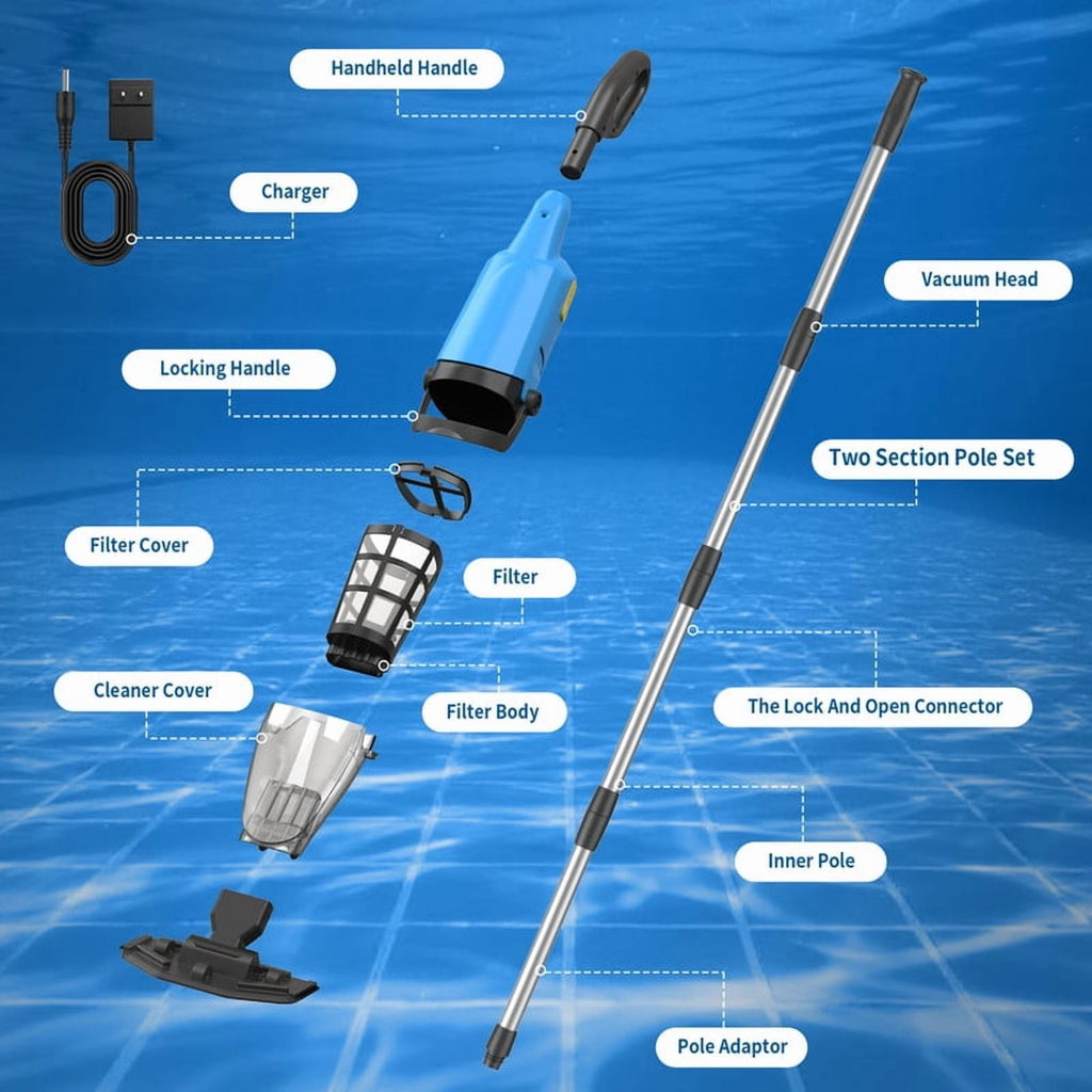 Efurden Cordless Pool Vacuum, Handheld Pool Vacuum with Running Time up to 60-Minutes for Above Ground Pools, Spas and Hot Tubs, Yellow