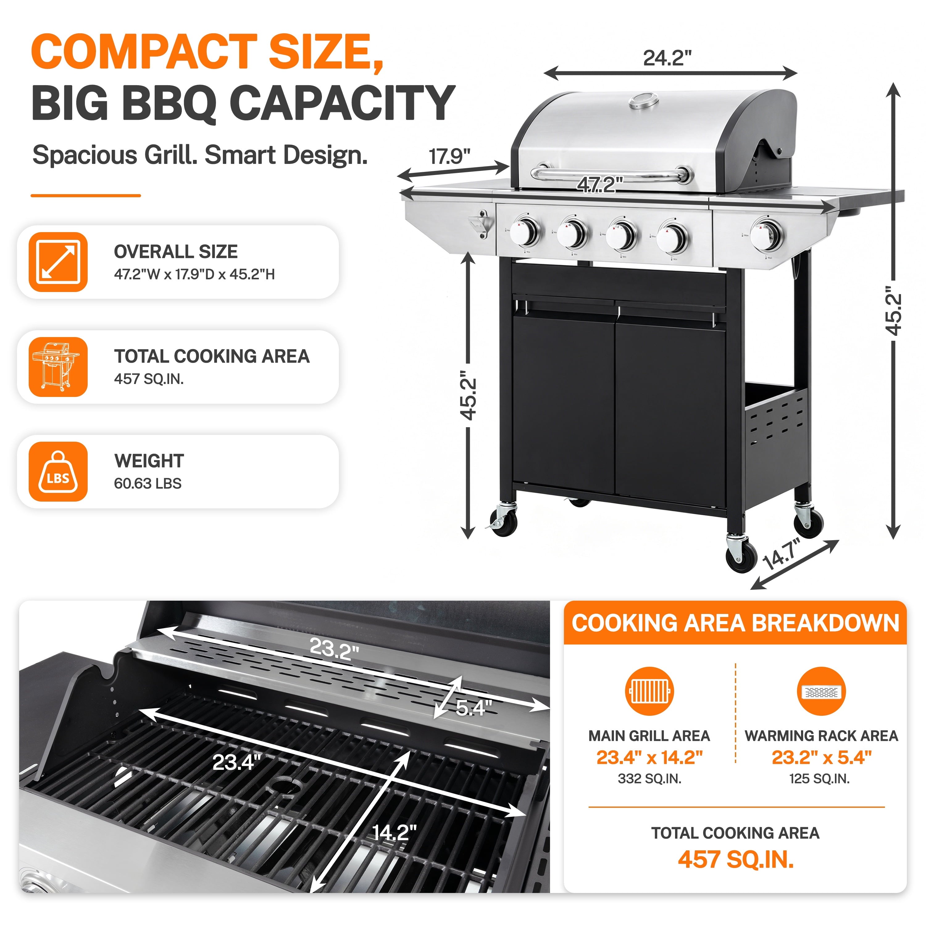 Segmart 3 Burner Propane Gas Grill with Side Burner, 37,000 BTU Outdoor Cooking BBQ Grill with Porcelain-Enameled Cast Iron Grates, Equipped with Temperature, Tool Hooks, and Bottle Opener