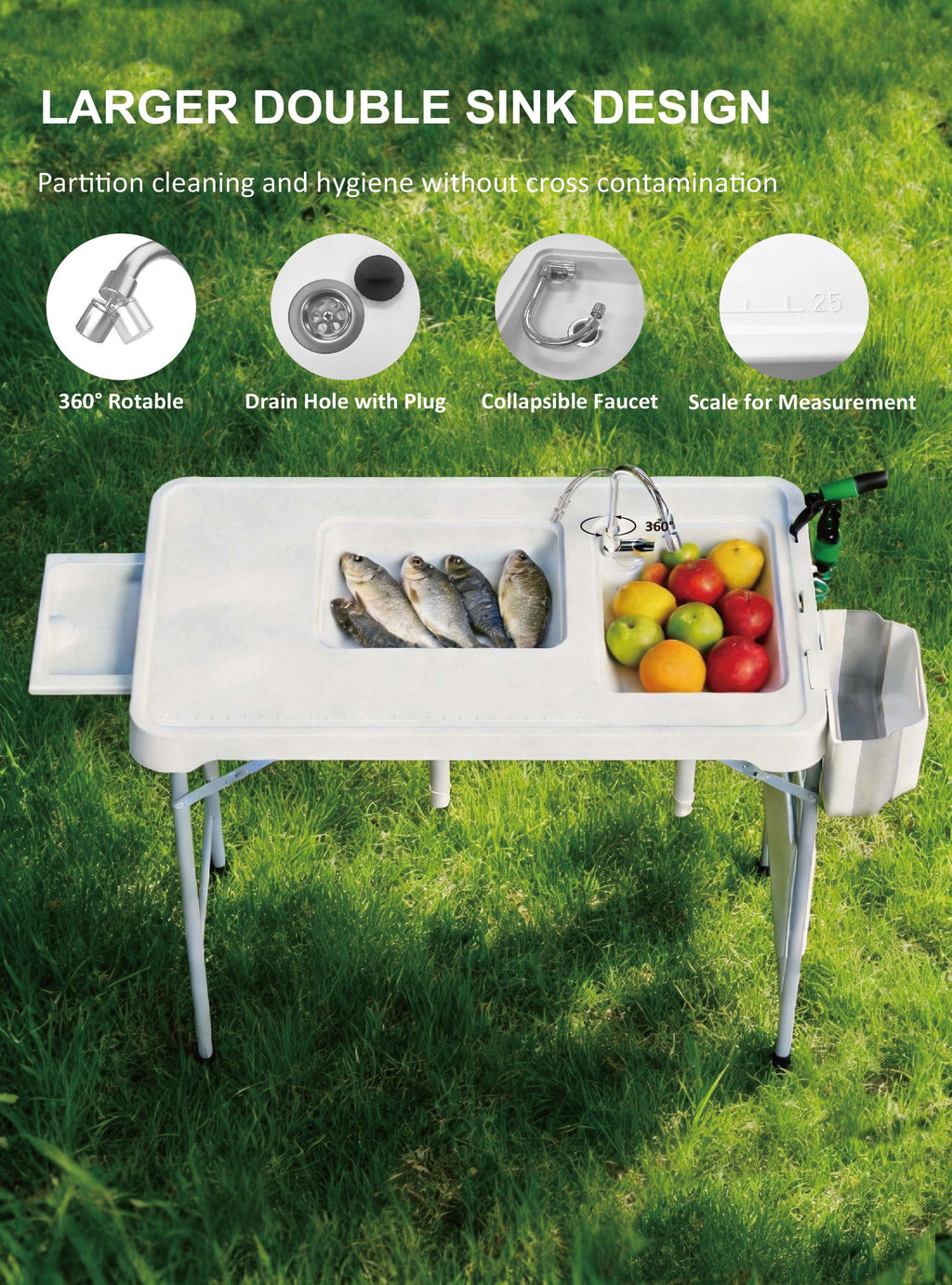 EVOKEDEN 42.5 Fish Cleaning Table w/ Sink, Folding Camping Table & Fish Cleaning Station w/ Measure Mark