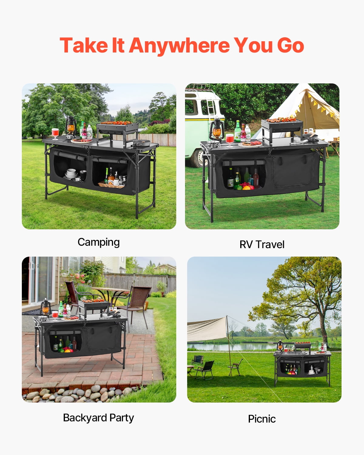 VEVOR Camping Kitchen Table, Quick set-up Folding Camping Table with A Carrying Bag, 3 Adjustable Heights, MDF Camping Table, Ideal for Outdoor Picnics, BBQs, Camping, RV Traveling