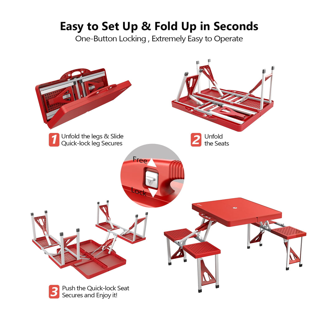 Ktaxon Portable Folding Picnic Table With 4-Person Chair Seats, Foldable Plastics Camping Table Set, Red