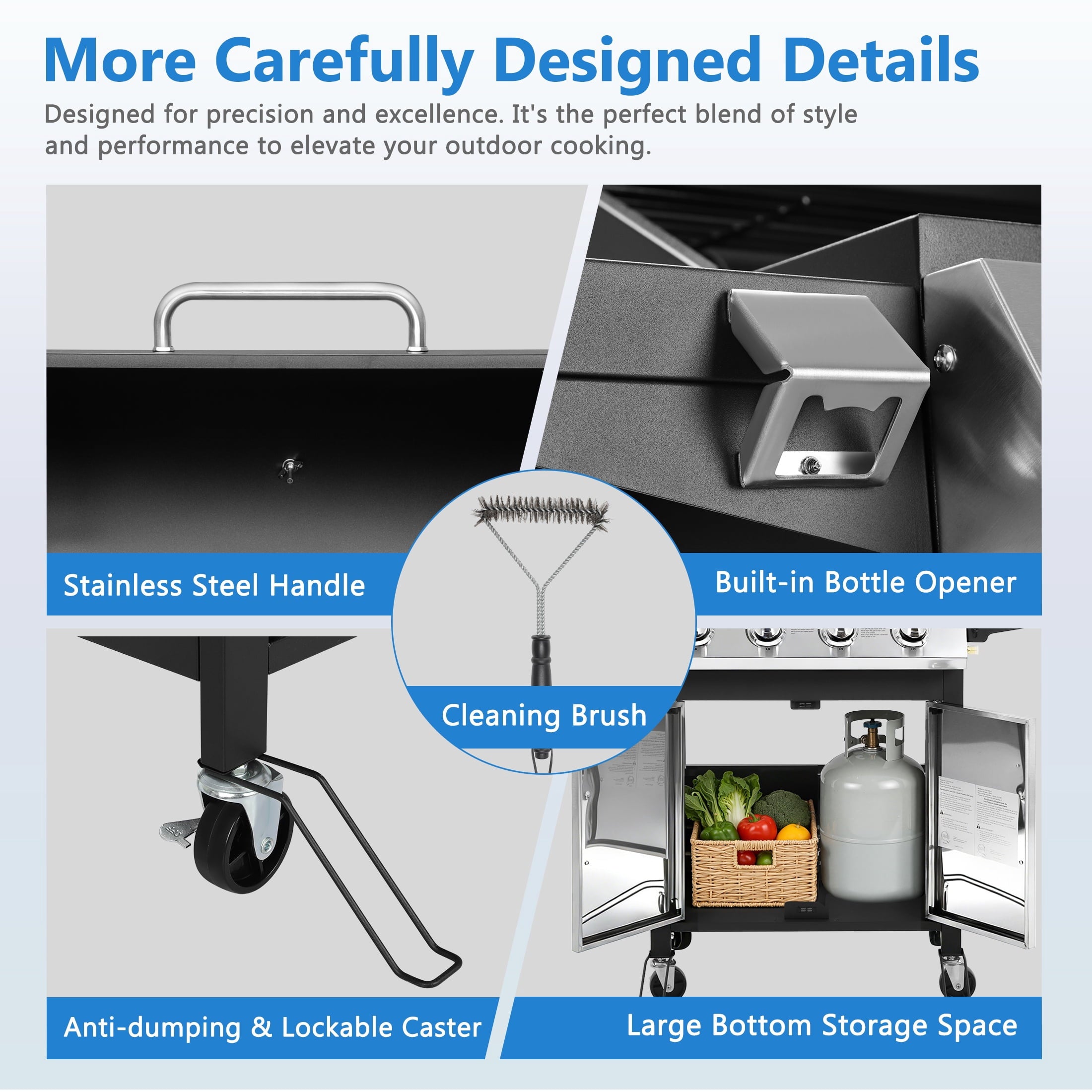 SEGMART 3 Burner BBQ Propane Gas Grill, Stainless Steel 30,000 BTU Patio Garden Barbecue Grill with Side Tables, Cleaning Brush & Thermometer, Perfect for Camping, Outdoor Cooking