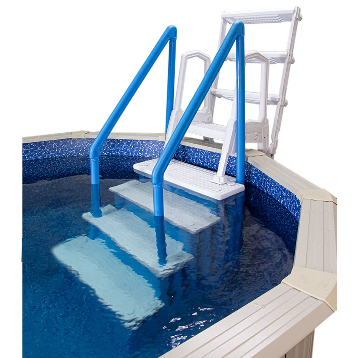 Aqua Select White Anti-Slip Pool Steps with White Steps and White Outside Flip-up Safety Ladder, 48-54H