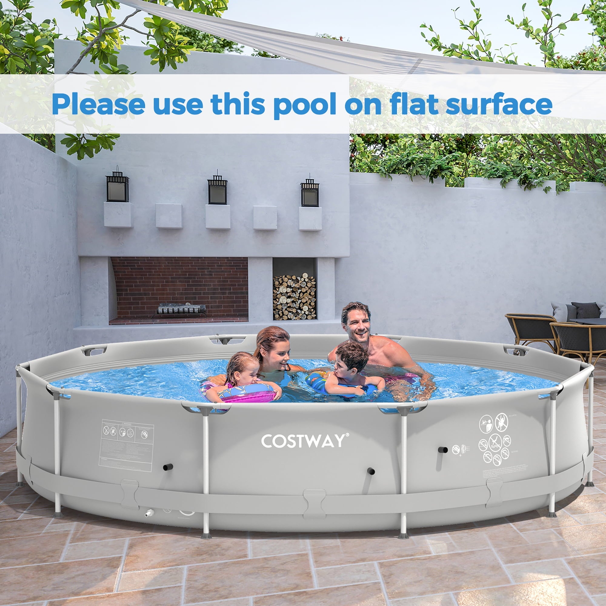 Costway Round Above Ground Swimming Pool Patio Frame Pool W/ Pool Cover Iron Frame Blue