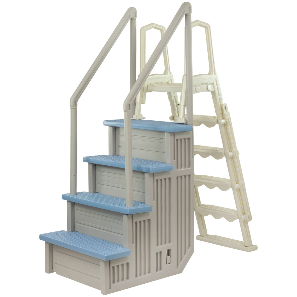 Aqua Select White Anti-Slip Pool Steps with White Steps and White Outside Flip-up Safety Ladder, 48-54H