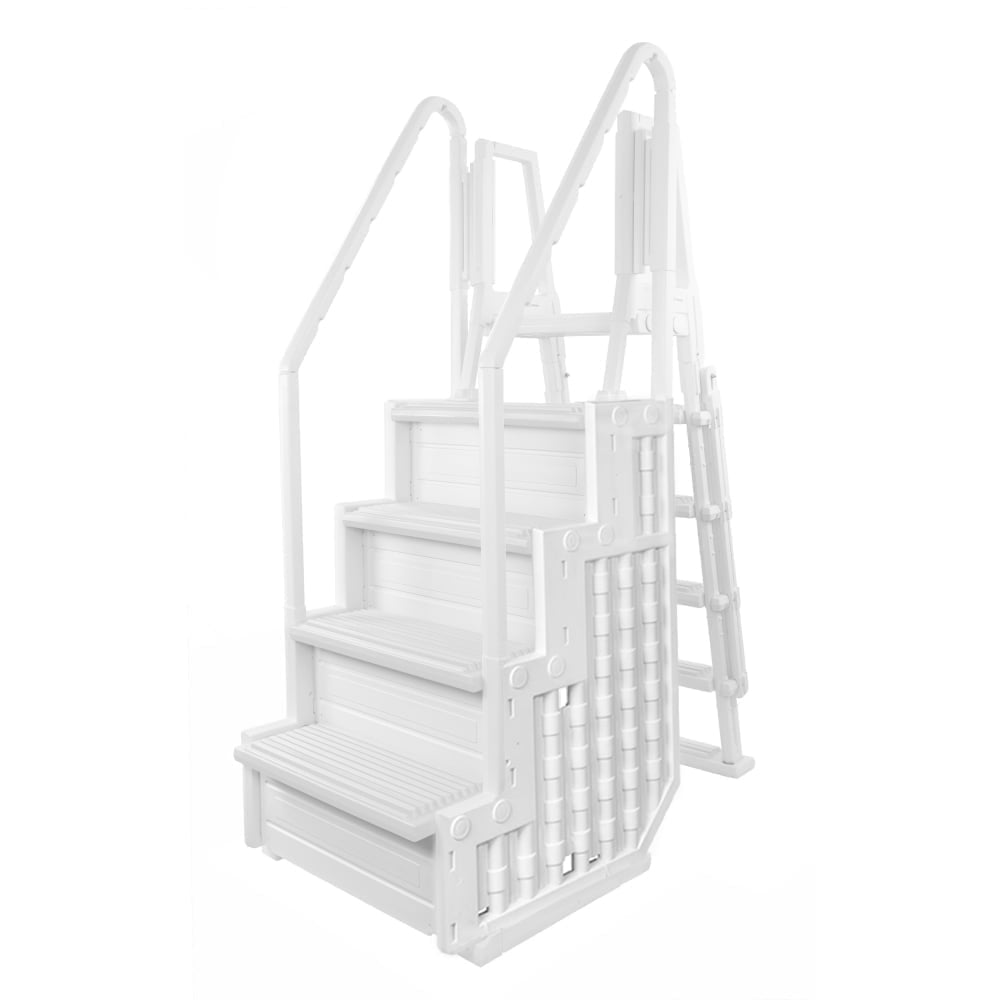 Aqua Select White Anti-Slip Pool Steps with White Steps and White Outside Flip-up Safety Ladder, 48-54H
