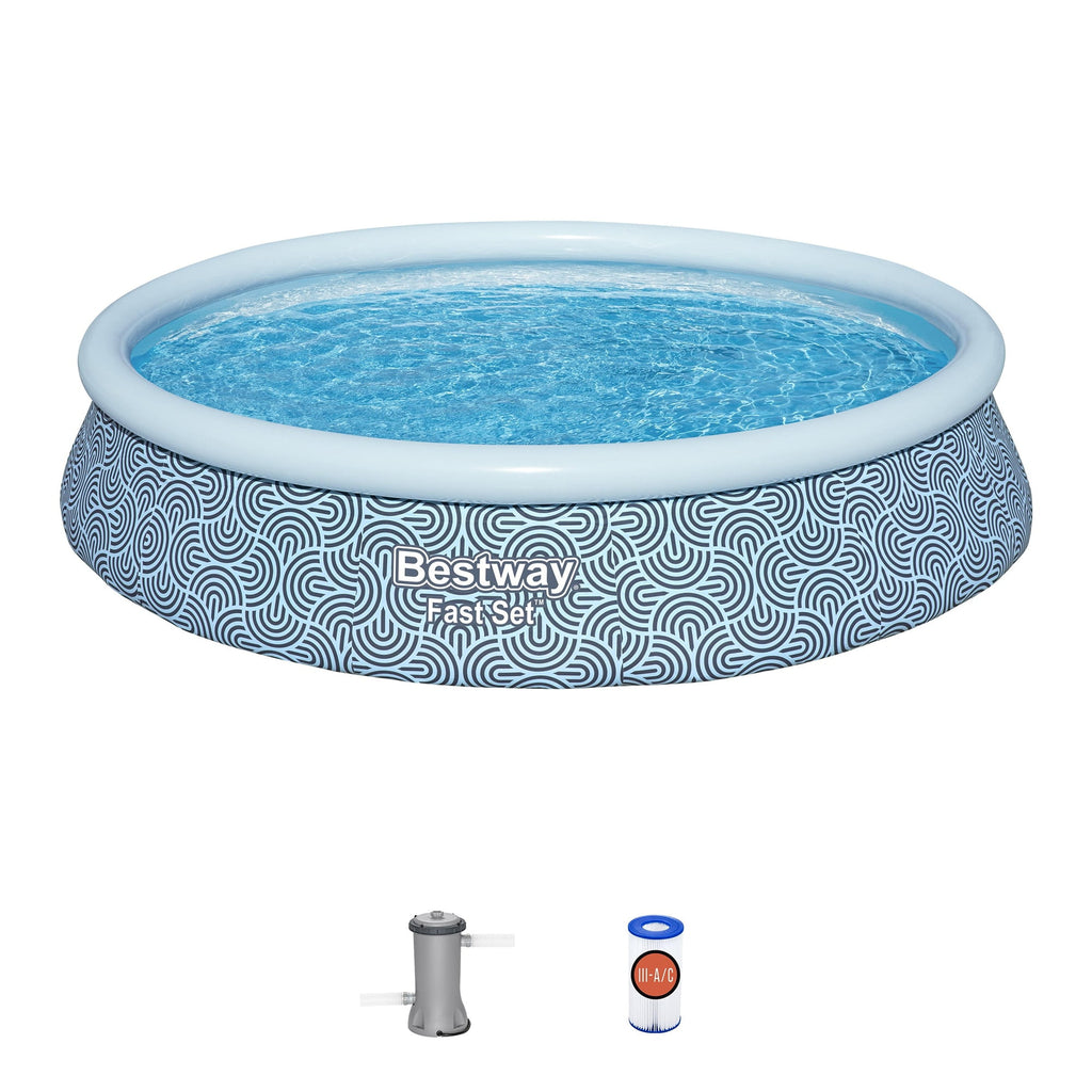 Bestway: Fast Set - 13' x 33 Inflatable Round Pool Set, Blue Abstract, Above Ground Swimming, Fill & Rise, Tritech Construction, Filter Pump, Family