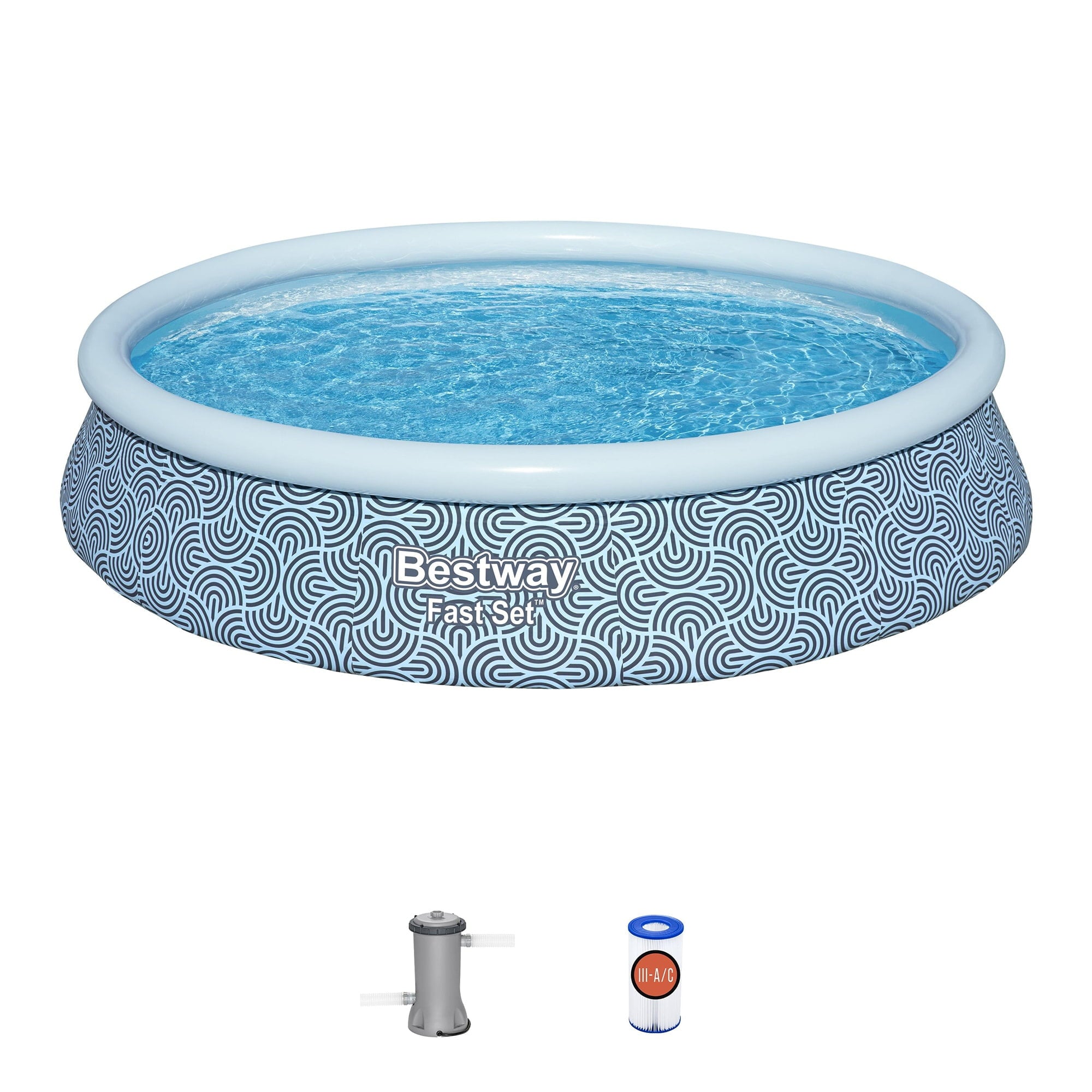 Bestway: Fast Set - 13' x 33 Inflatable Round Pool Set, Blue Abstract, Above Ground Swimming, Fill & Rise, Tritech Construction, Filter Pump, Family