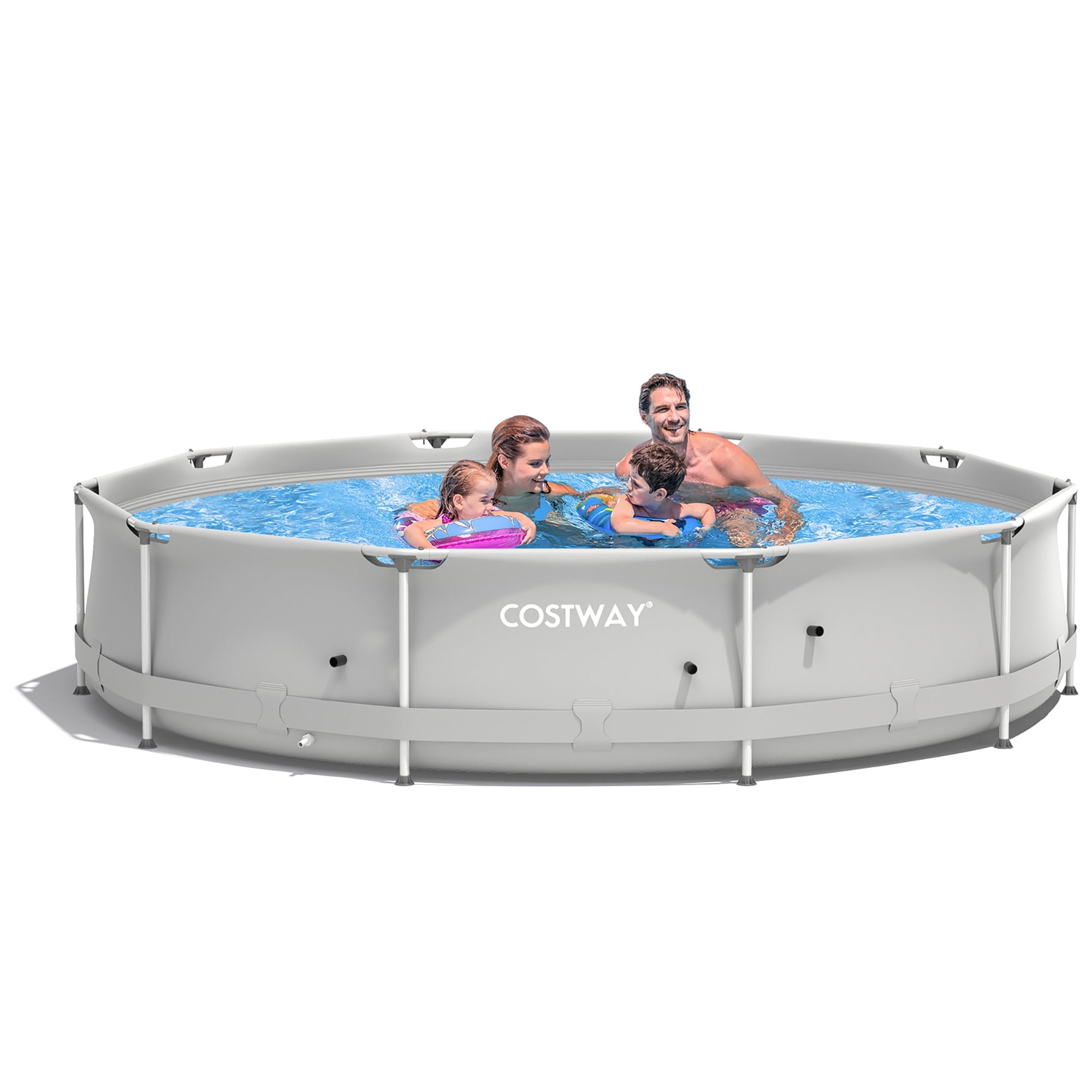 Costway Round Above Ground Swimming Pool Patio Frame Pool W/ Pool Cover Iron Frame Blue