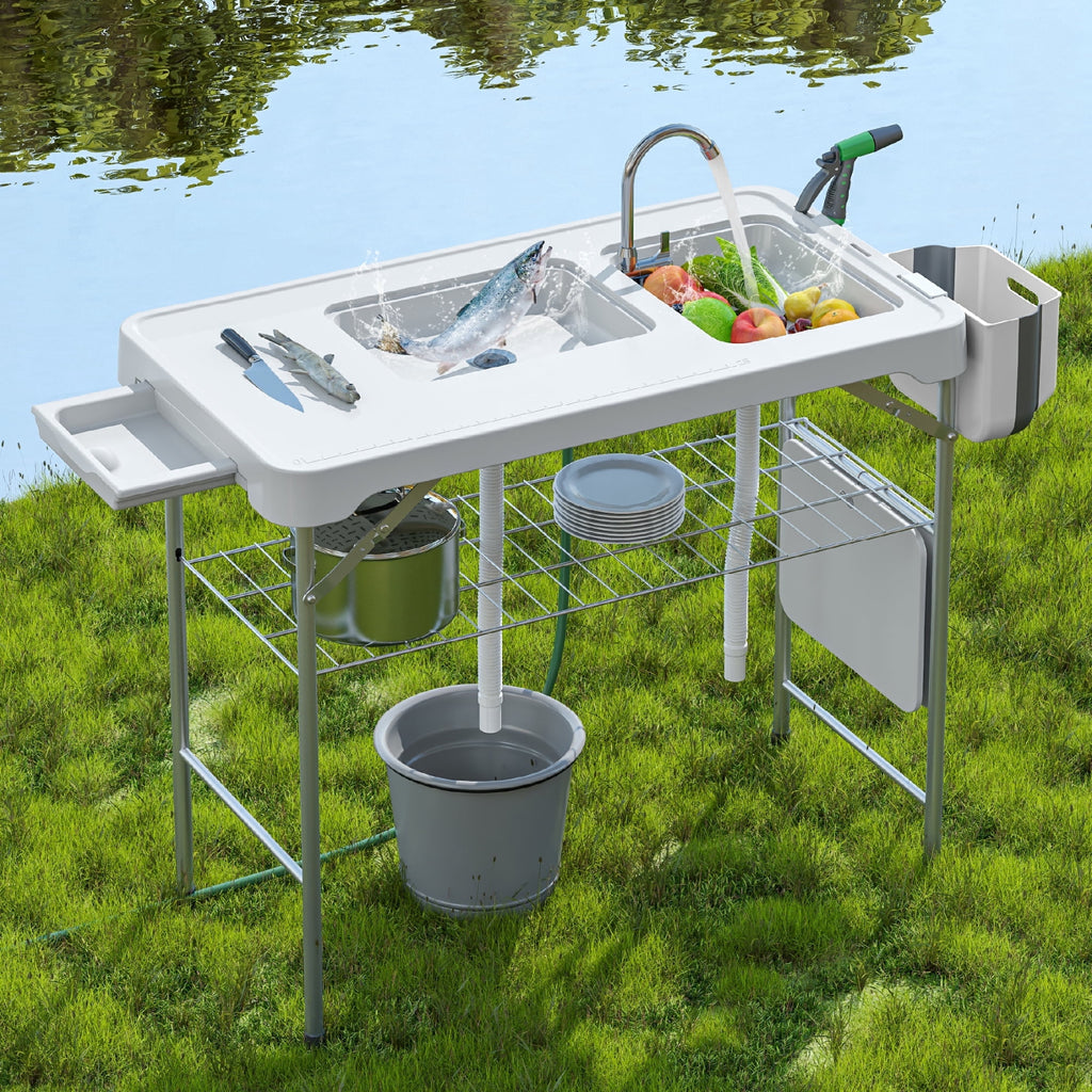EVOKEDEN 42.5 Fish Cleaning Table w/ Sink, Folding Camping Table & Fish Cleaning Station w/ Measure Mark