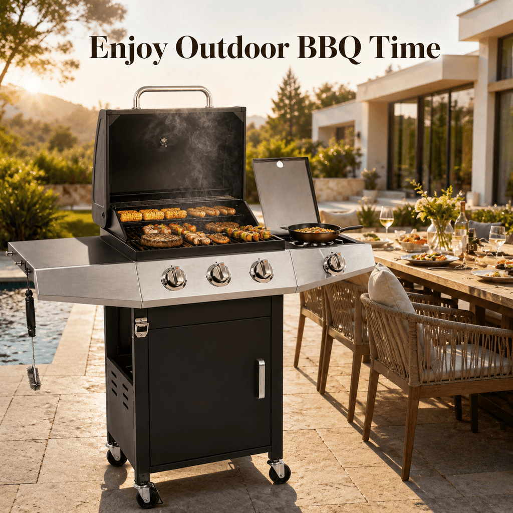 Enyopro 3-Burner Propane Gas Grill, 30000 BTU BBQ Grill with Foldable Side Table, Stainless Steel Warming Rack, Hooks, and Built-In Bottle Opener for Outdoor Barbecue