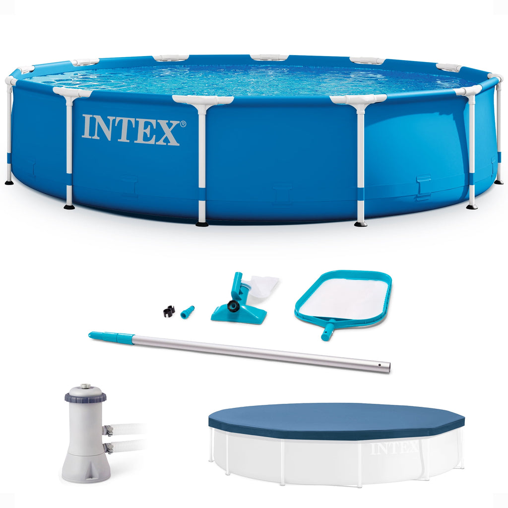 Intex 12 Ft x 30 Inches Metal Frame Set Above Ground Swimming Pool with Filter & Cover