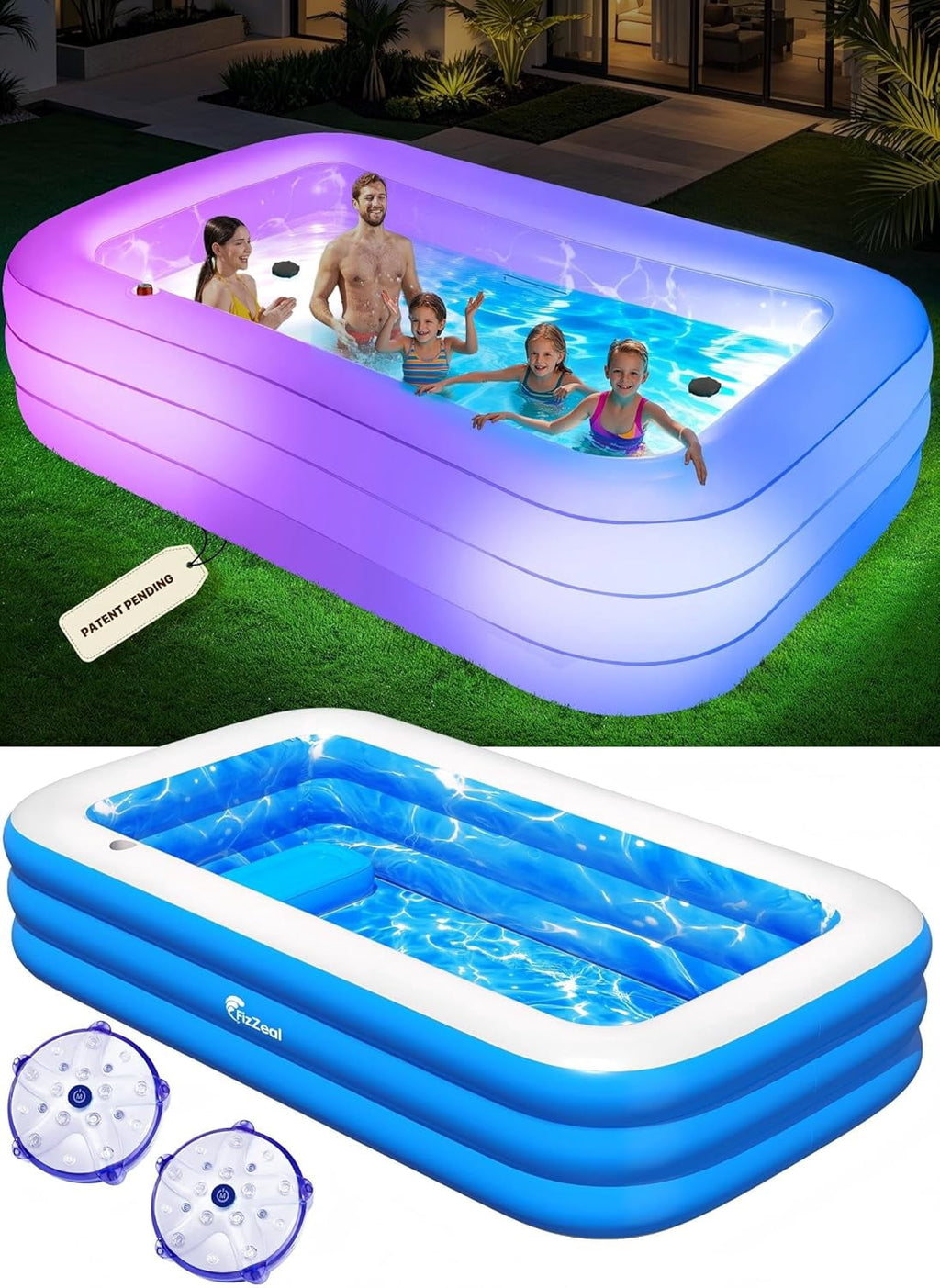 Inflatable Pool with Seat and Pool Lights, Durable Thickened Large Size Family Inflatable Pools for Adults Blow Up Pools,110 x 63 x 20Swimming Inflatable Kids PooI for Backyard,Outdoor (White)