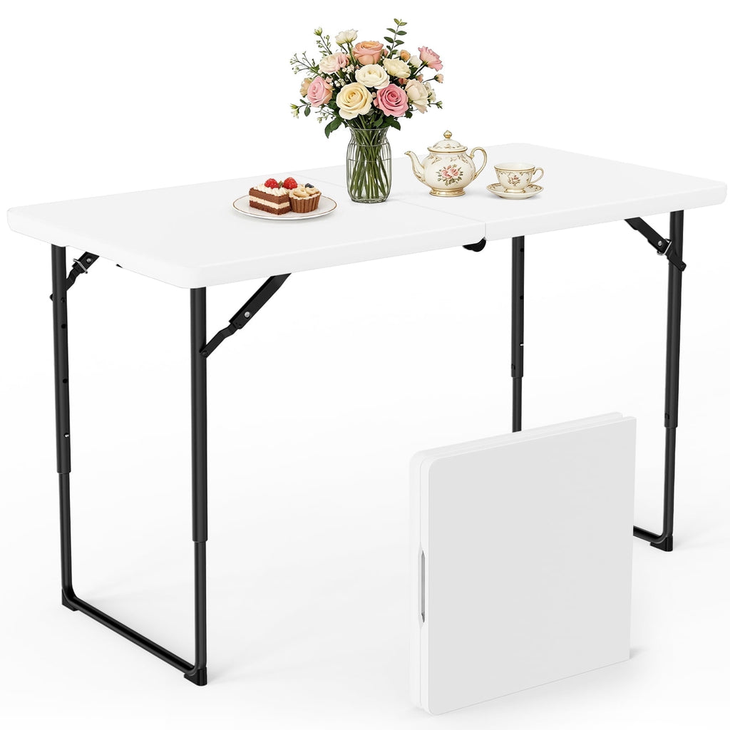 WASUHE Folding Table 4 FT Lightweight Table, Fold-in-Half Plastic Rectangular Table Metal Legs, Easy to Store, Perfect for Party, Dining, Wedding, Events, White