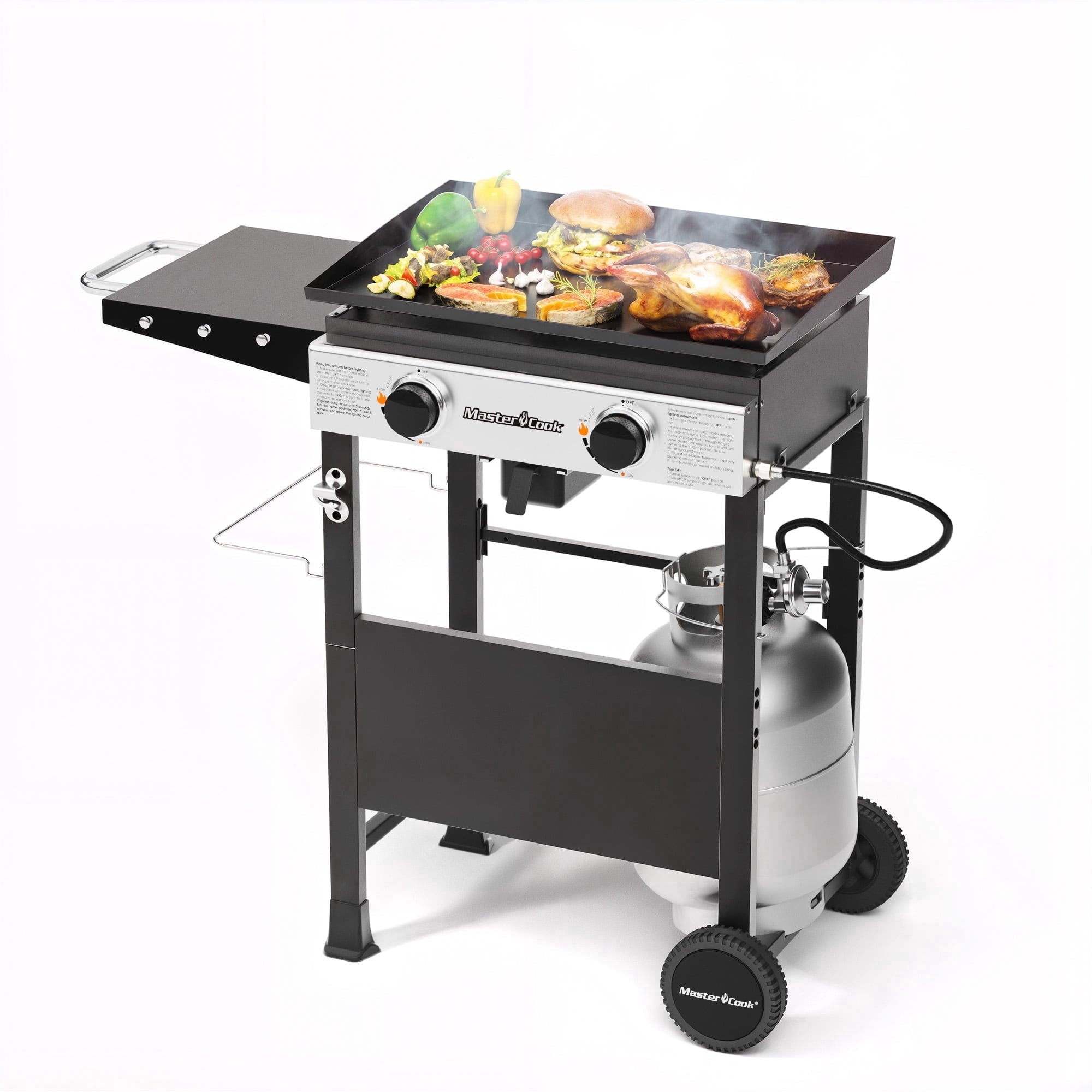 Master Cook 2-Burners Propane Griddle, Flat Top Gas Grill Griddle with Side Shelves for Outdoor BBQ, Camping