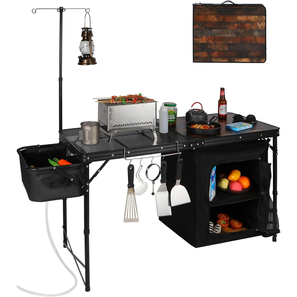 REDCAMP Extra Long Camping Kitchen Tri-Fold Table with Storage Organizer, Folding Camping Cook Station Grill Table Portable for Party Courtyard Picnic