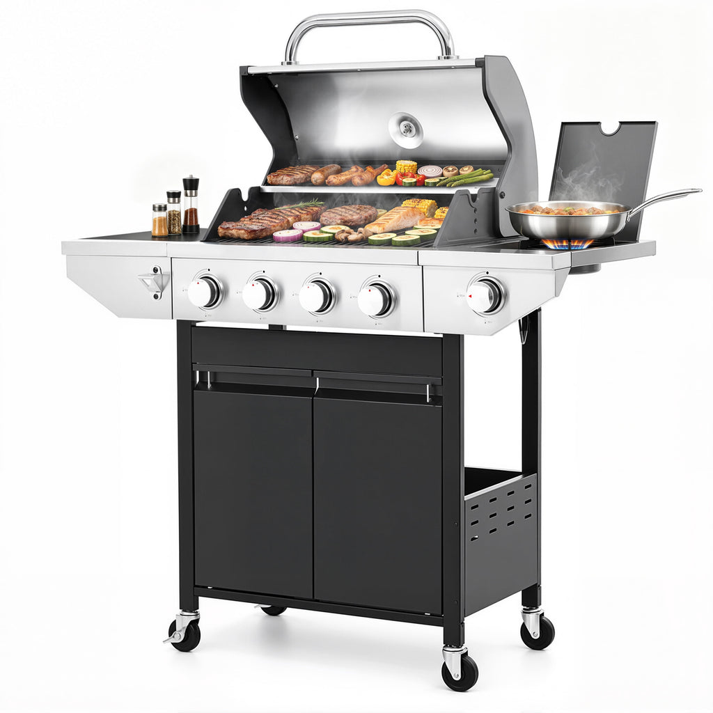 Segmart 3 Burner Propane Gas Grill with Side Burner, 37,000 BTU Outdoor Cooking BBQ Grill with Porcelain-Enameled Cast Iron Grates, Equipped with Temperature, Tool Hooks, and Bottle Opener
