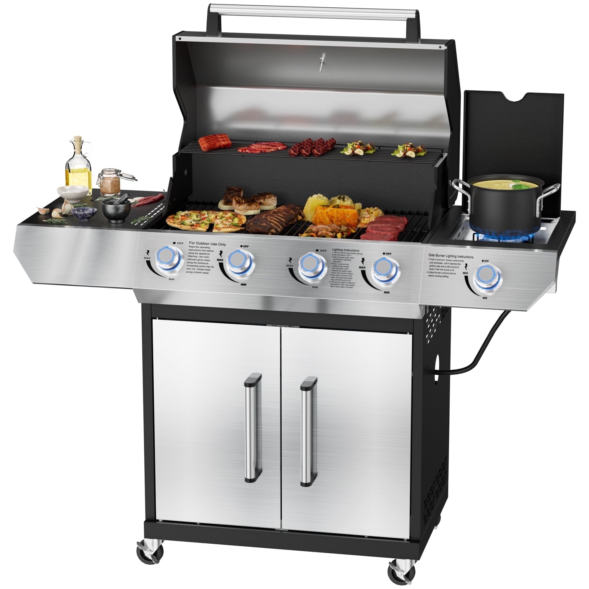 SKOK 4 Burner Gas Grill with Side Burner, 58000 BTU &393 sq.in Cooking Surface, Outdoor Propane Barbecue Grill for Patio & Backyard